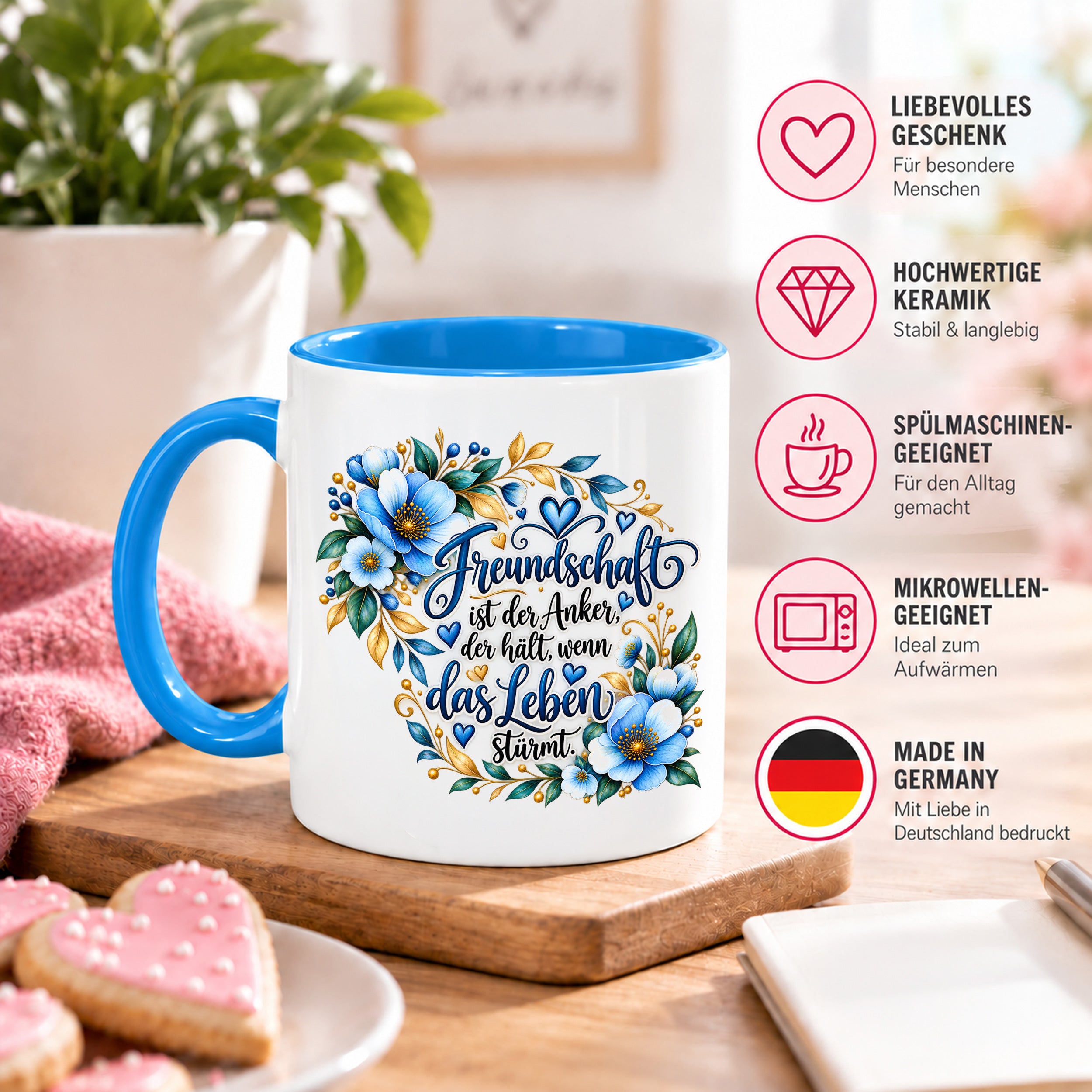 Herzbotschaft Freundschaft Tasse – Freundschaft ist der Anker, der hält, wenn das Leben stürmt – Kaffeetasse mit blauen Blumen und Herzen – Geschenk für beste Freundin, Freund, BFF und Lieblingsmensch – 330 ml