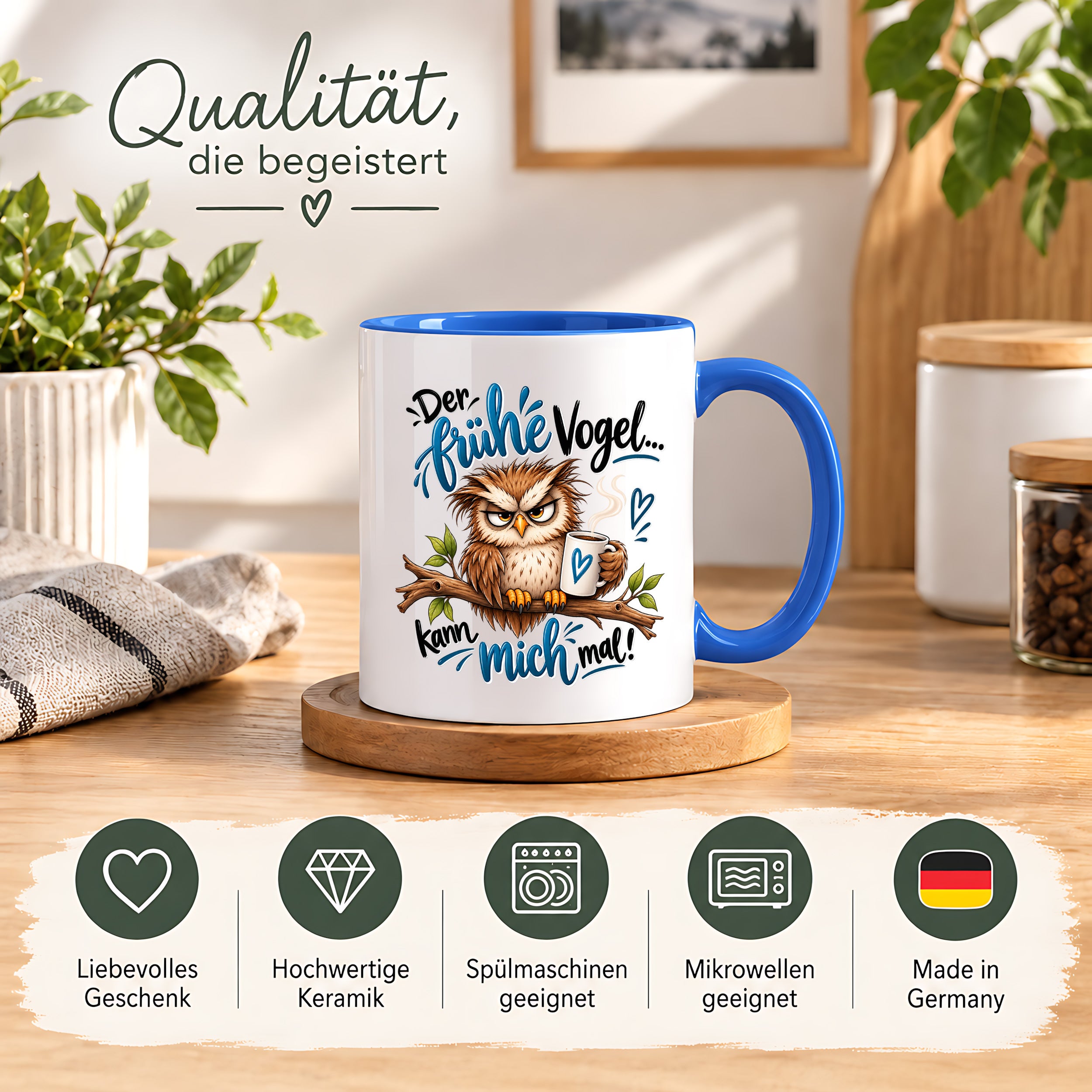 Herzbotschaft Eulen Tasse – Der frühe Vogel kann mich mal – Lustige Kaffeetasse mit mürrischer Eule und Kaffee – Geschenk für Morgenmuffel, Langschläfer, Kaffeeliebhaber, Kollegen und Freunde – 330 ml