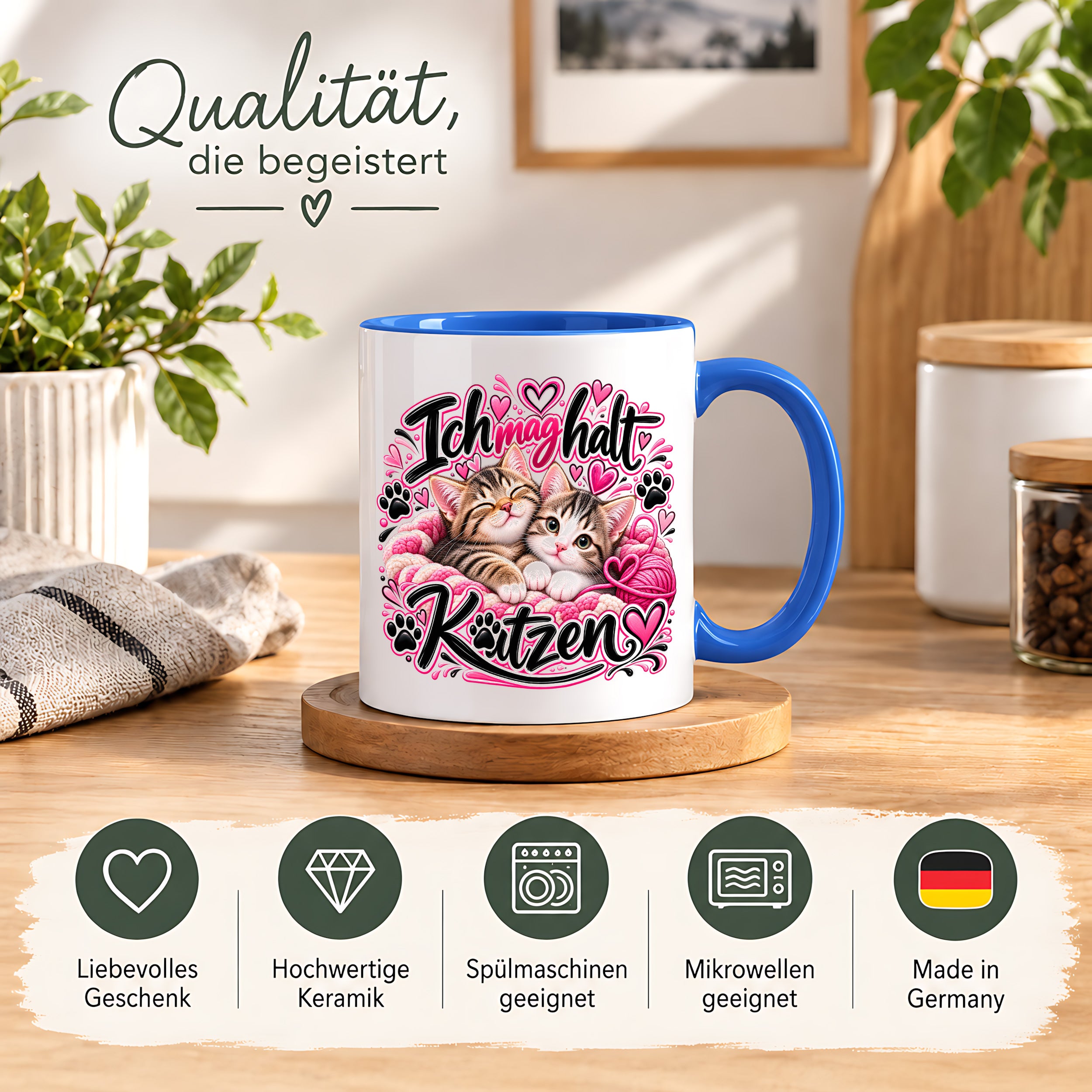 Herzbotschaft Katzen Tasse – Ich mag halt Katzen – Süße Kaffeetasse mit zwei Katzenbabys, Herzen und Pfoten – Geschenk für Katzenliebhaber, Katzenmama, Frauen und Freundin – 330 ml