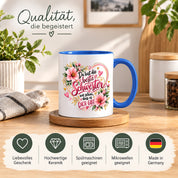 Herzbotschaft Schwester Tasse – Du bist die beste Schwester, wie schön dass es dich gibt – Kaffeetasse 330 ml mit rosa Blumen und Herzen – Geschenk für Schwester zum Geburtstag, Weihnachten, als Dankeschön oder kleine Aufmerksamkeit