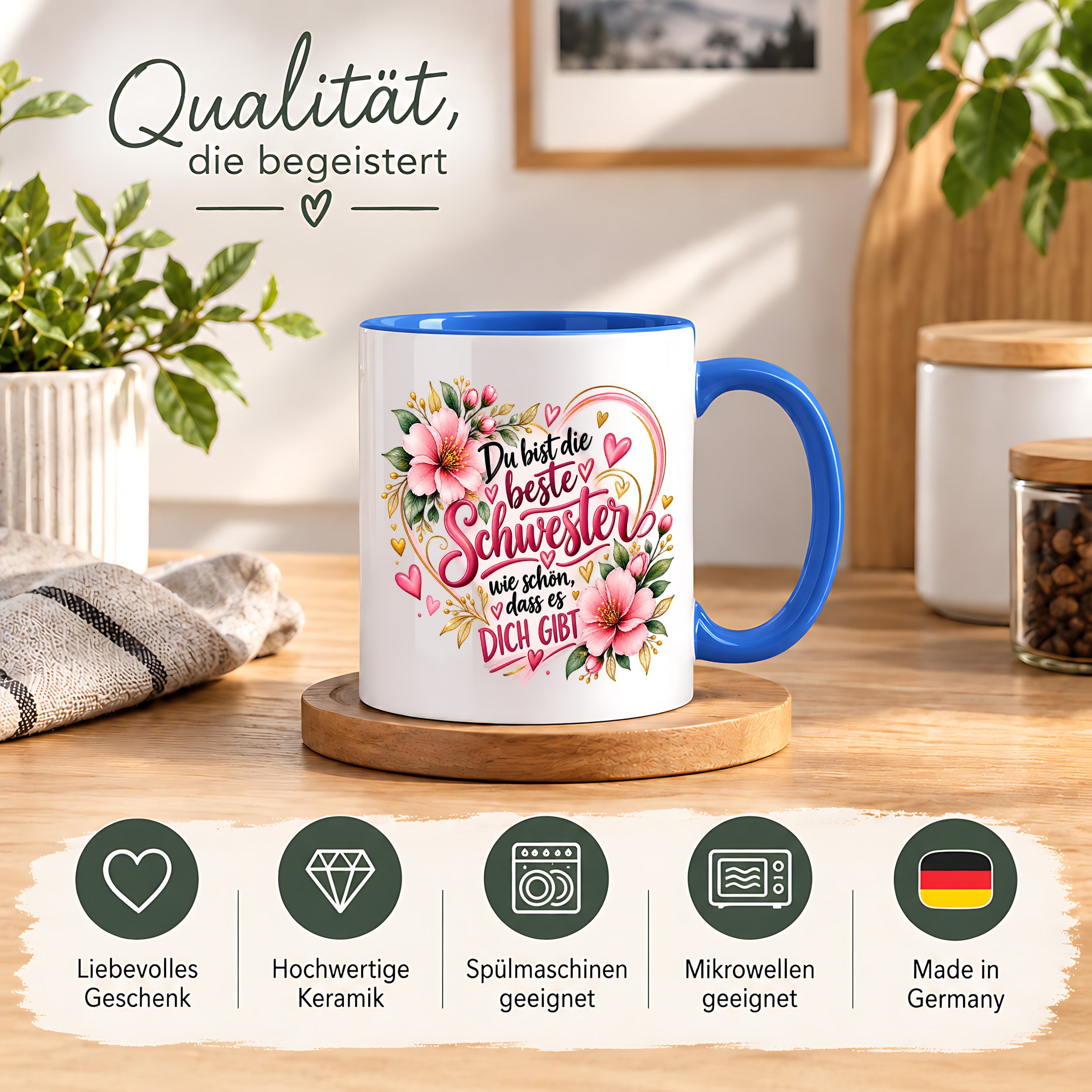 Herzbotschaft Schwester Tasse – Du bist die beste Schwester, wie schön dass es dich gibt – Kaffeetasse 330 ml mit rosa Blumen und Herzen – Geschenk für Schwester zum Geburtstag, Weihnachten, als Dankeschön oder kleine Aufmerksamkeit