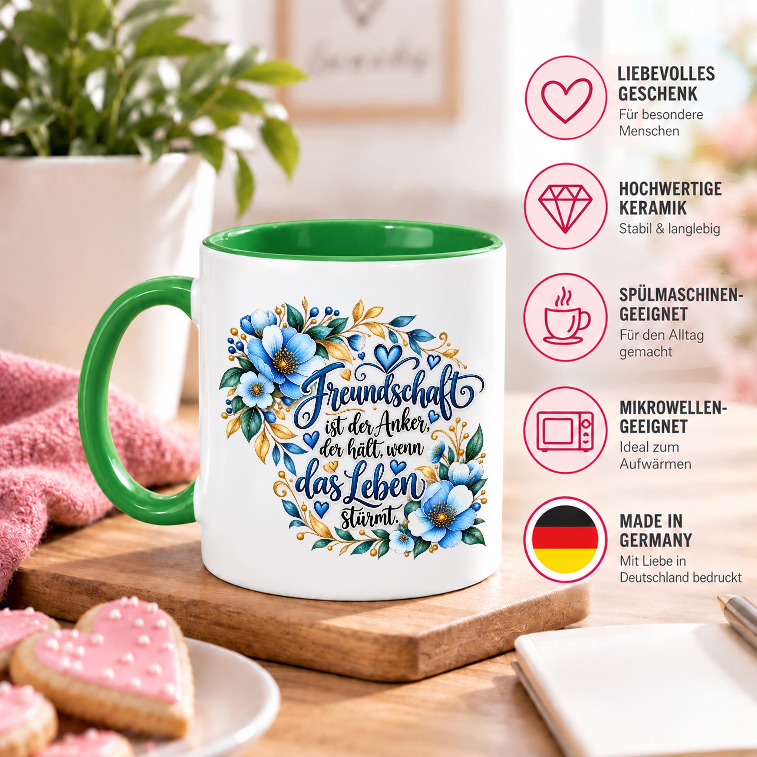 Herzbotschaft Freundschaft Tasse – Freundschaft ist der Anker, der hält, wenn das Leben stürmt – Kaffeetasse mit blauen Blumen und Herzen – Geschenk für beste Freundin, Freund, BFF und Lieblingsmensch – 330 ml