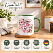 Herzbotschaft Schwester Tasse – Du bist die beste Schwester, wie schön dass es dich gibt – Kaffeetasse 330 ml mit rosa Blumen und Herzen – Geschenk für Schwester zum Geburtstag, Weihnachten, als Dankeschön oder kleine Aufmerksamkeit