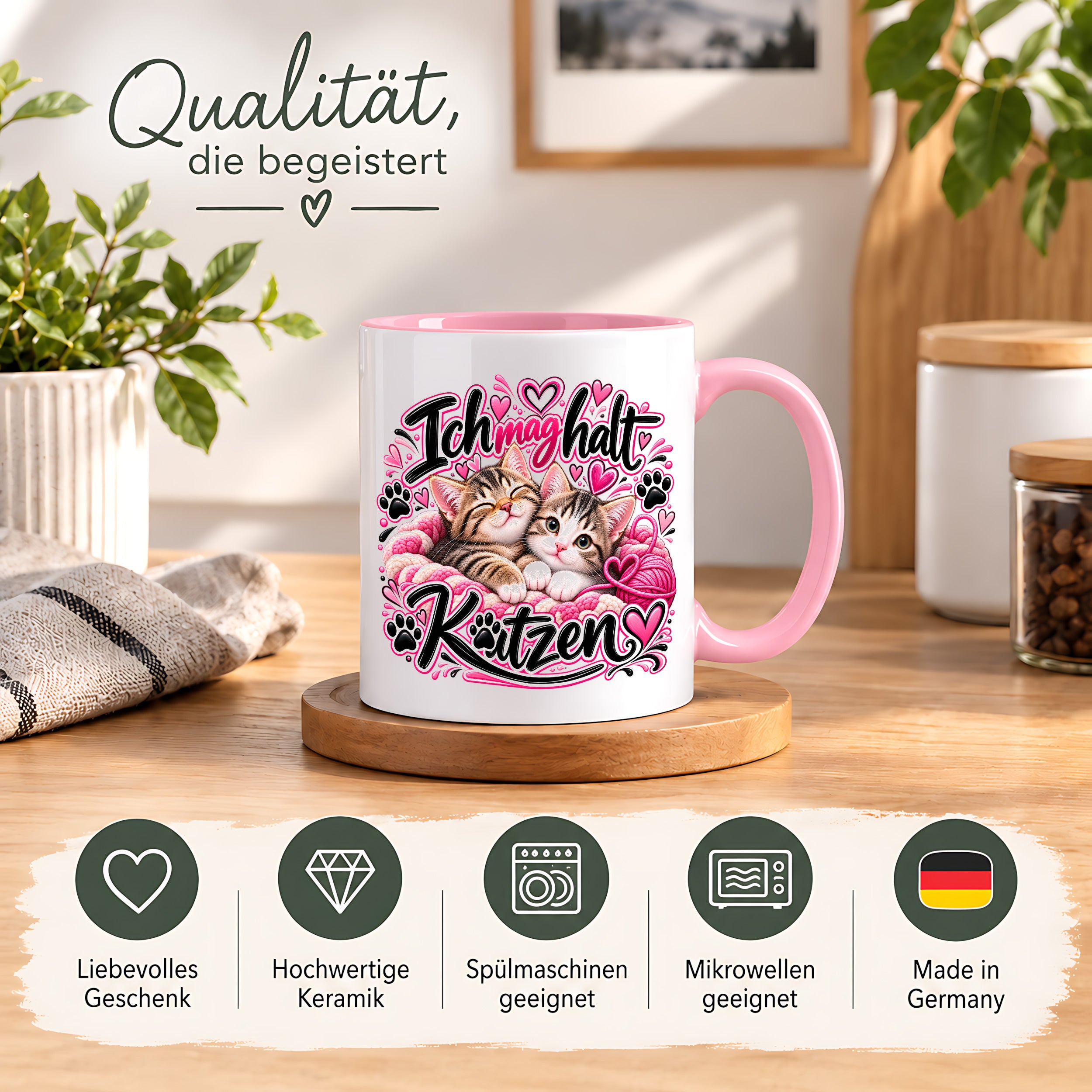 Herzbotschaft Katzen Tasse – Ich mag halt Katzen – Süße Kaffeetasse mit zwei Katzenbabys, Herzen und Pfoten – Geschenk für Katzenliebhaber, Katzenmama, Frauen und Freundin – 330 ml