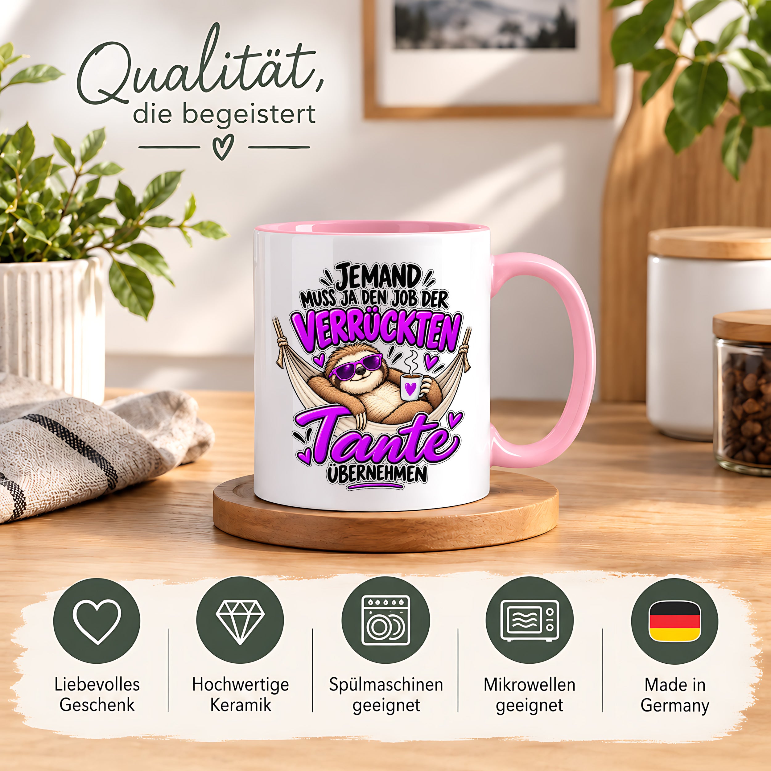 Herzbotschaft Verrückte Tante Tasse – Jemand muss ja den Job der verrückten Tante übernehmen – Lustige Kaffeetasse 330 ml mit Faultier Motiv – Geschenk für Tante, Lieblingstante, Schwester und Schwägerin – Originelle Spruchtasse mit Humor