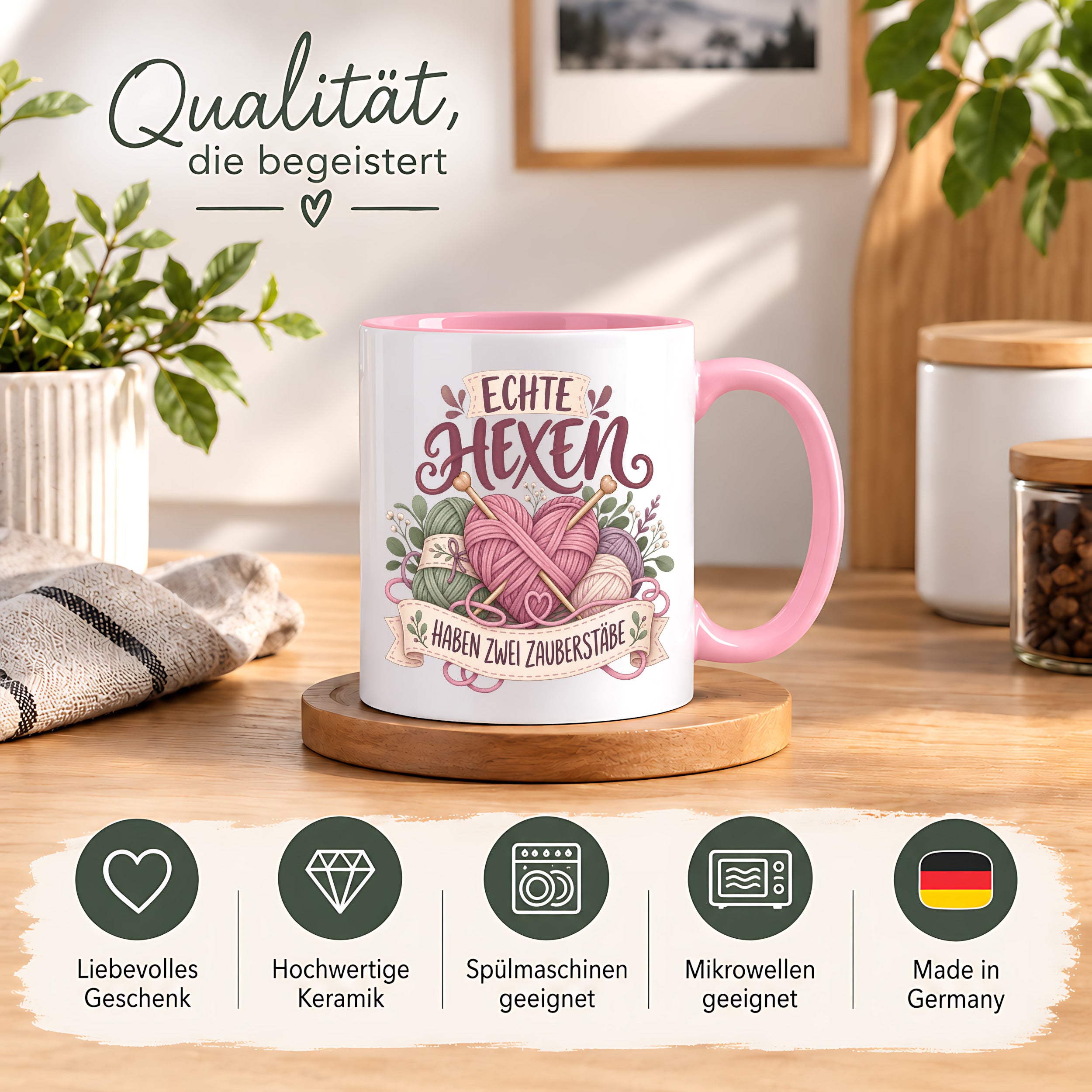 Stricken Tasse Echte Hexen haben zwei Zauberstäbe 330 ml Geschenk für Strickerin Wolle Handarbeit Geburtstag Weihnachten