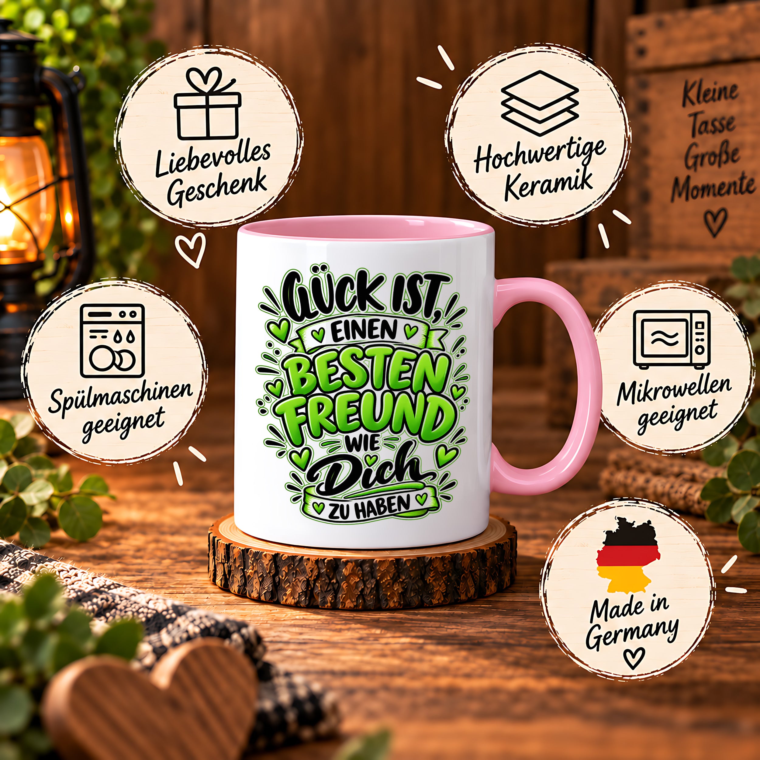 Herzbotschaft Bester Freund Tasse – Glück ist einen besten Freund wie dich zu haben – Kaffeetasse 330 ml mit Freundschaftsspruch und grünem Herz Motiv – Geschenk für besten Freund, Kumpel und Lieblingsmenschen – Freundschaft Geschenkidee