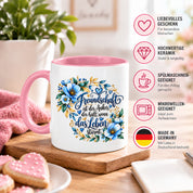 Herzbotschaft Freundschaft Tasse – Freundschaft ist der Anker, der hält, wenn das Leben stürmt – Kaffeetasse mit blauen Blumen und Herzen – Geschenk für beste Freundin, Freund, BFF und Lieblingsmensch – 330 ml