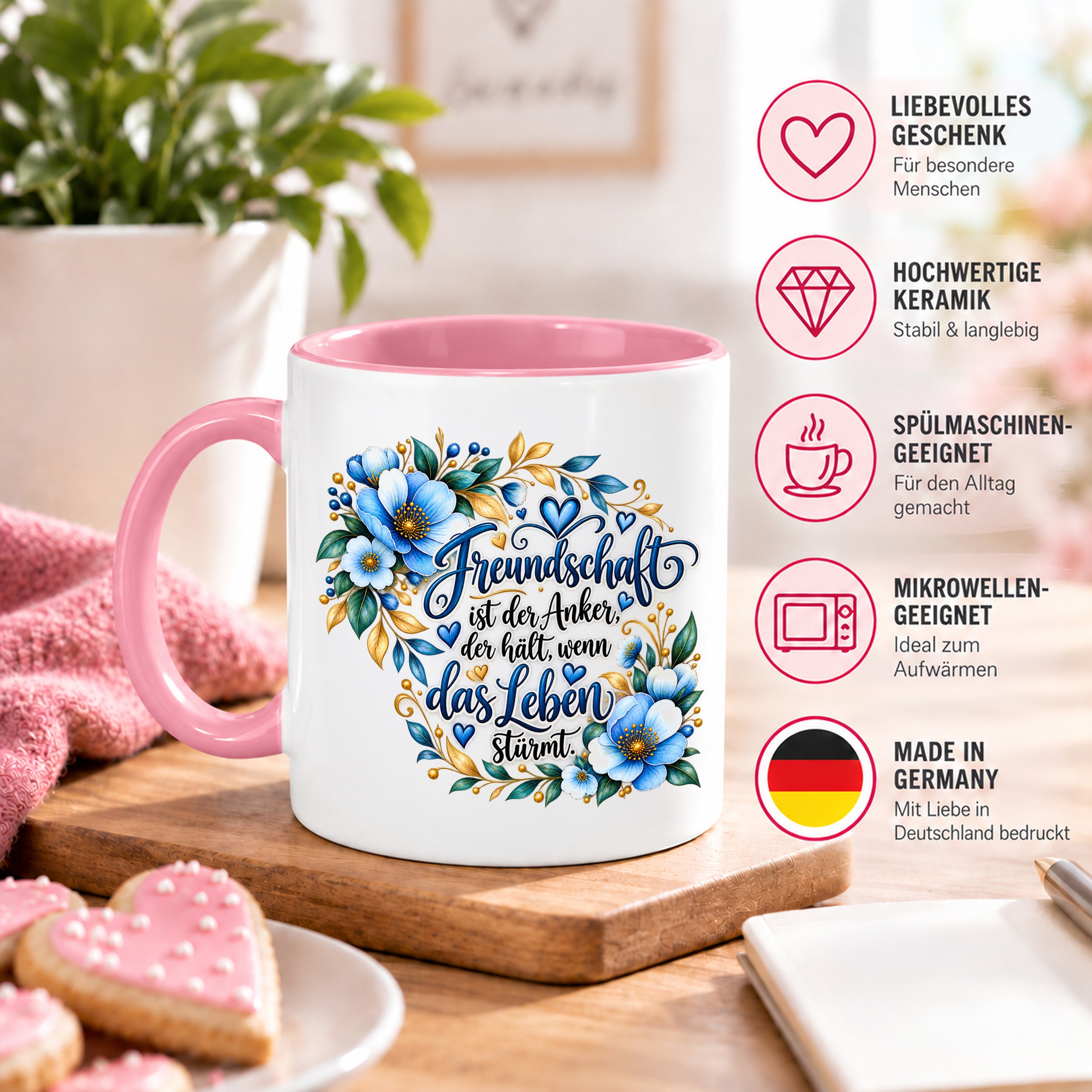 Herzbotschaft Freundschaft Tasse – Freundschaft ist der Anker, der hält, wenn das Leben stürmt – Kaffeetasse mit blauen Blumen und Herzen – Geschenk für beste Freundin, Freund, BFF und Lieblingsmensch – 330 ml