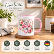 Herzbotschaft Schwester Tasse – Du bist die beste Schwester, wie schön dass es dich gibt – Kaffeetasse 330 ml mit rosa Blumen und Herzen – Geschenk für Schwester zum Geburtstag, Weihnachten, als Dankeschön oder kleine Aufmerksamkeit