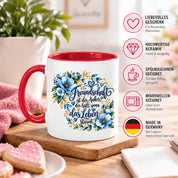 Herzbotschaft Freundschaft Tasse – Freundschaft ist der Anker, der hält, wenn das Leben stürmt – Kaffeetasse mit blauen Blumen und Herzen – Geschenk für beste Freundin, Freund, BFF und Lieblingsmensch – 330 ml