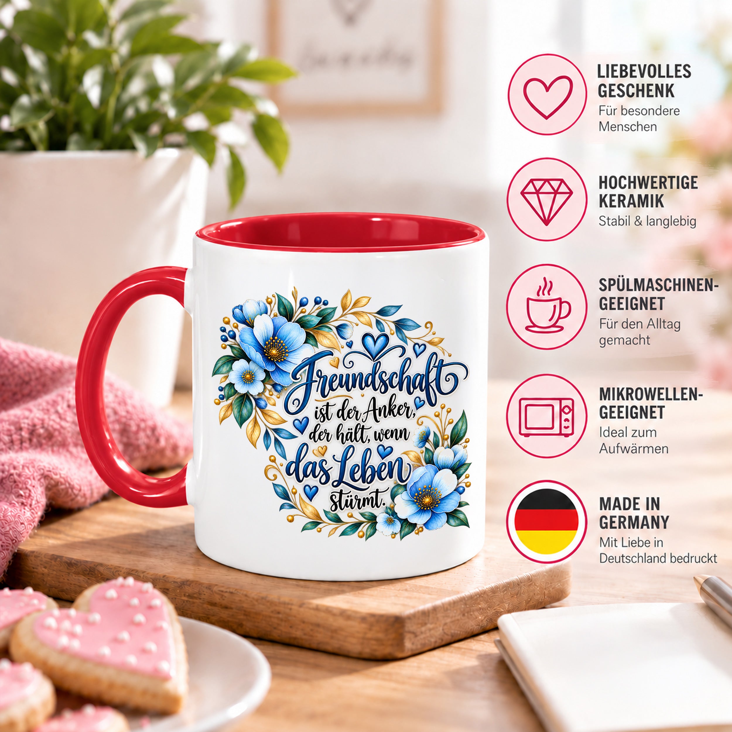 Herzbotschaft Freundschaft Tasse – Freundschaft ist der Anker, der hält, wenn das Leben stürmt – Kaffeetasse mit blauen Blumen und Herzen – Geschenk für beste Freundin, Freund, BFF und Lieblingsmensch – 330 ml
