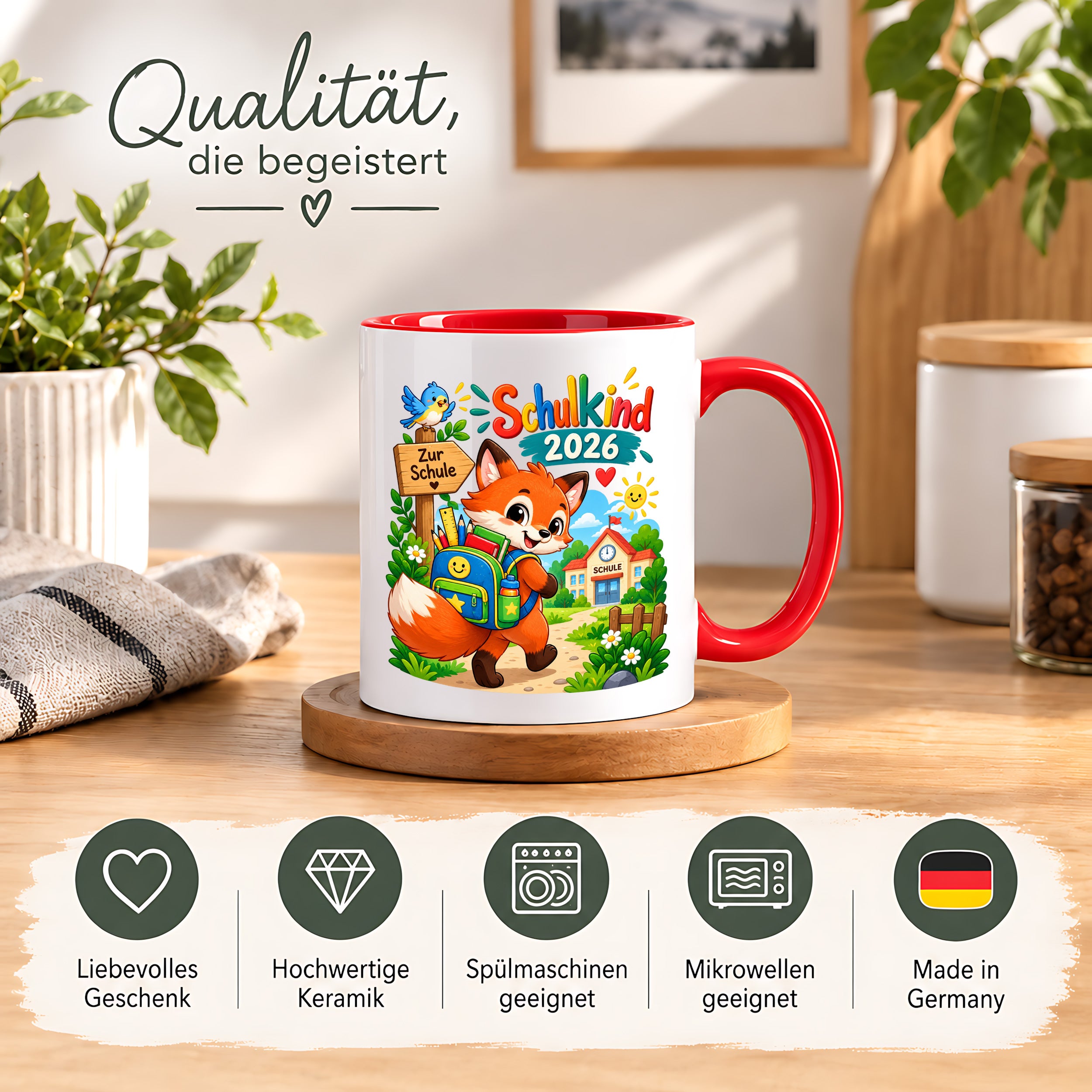 Schulkind 2026 Tasse Fuchs Einschulung Geschenk 330 ml Keramiktasse Schulanfang 1. Schultag Schultüte Mädchen Jungen