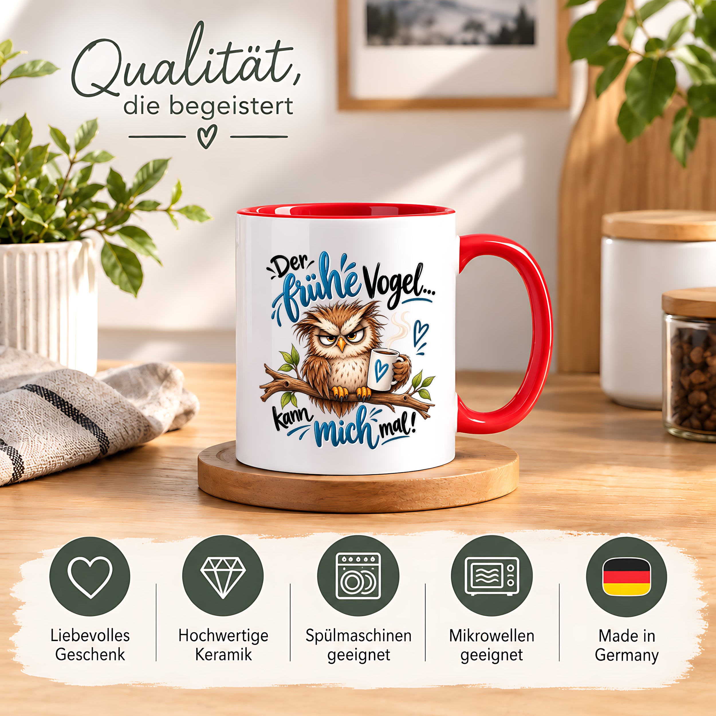 Herzbotschaft Eulen Tasse – Der frühe Vogel kann mich mal – Lustige Kaffeetasse mit mürrischer Eule und Kaffee – Geschenk für Morgenmuffel, Langschläfer, Kaffeeliebhaber, Kollegen und Freunde – 330 ml