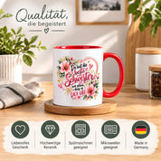 Herzbotschaft Schwester Tasse – Du bist die beste Schwester, wie schön dass es dich gibt – Kaffeetasse 330 ml mit rosa Blumen und Herzen – Geschenk für Schwester zum Geburtstag, Weihnachten, als Dankeschön oder kleine Aufmerksamkeit