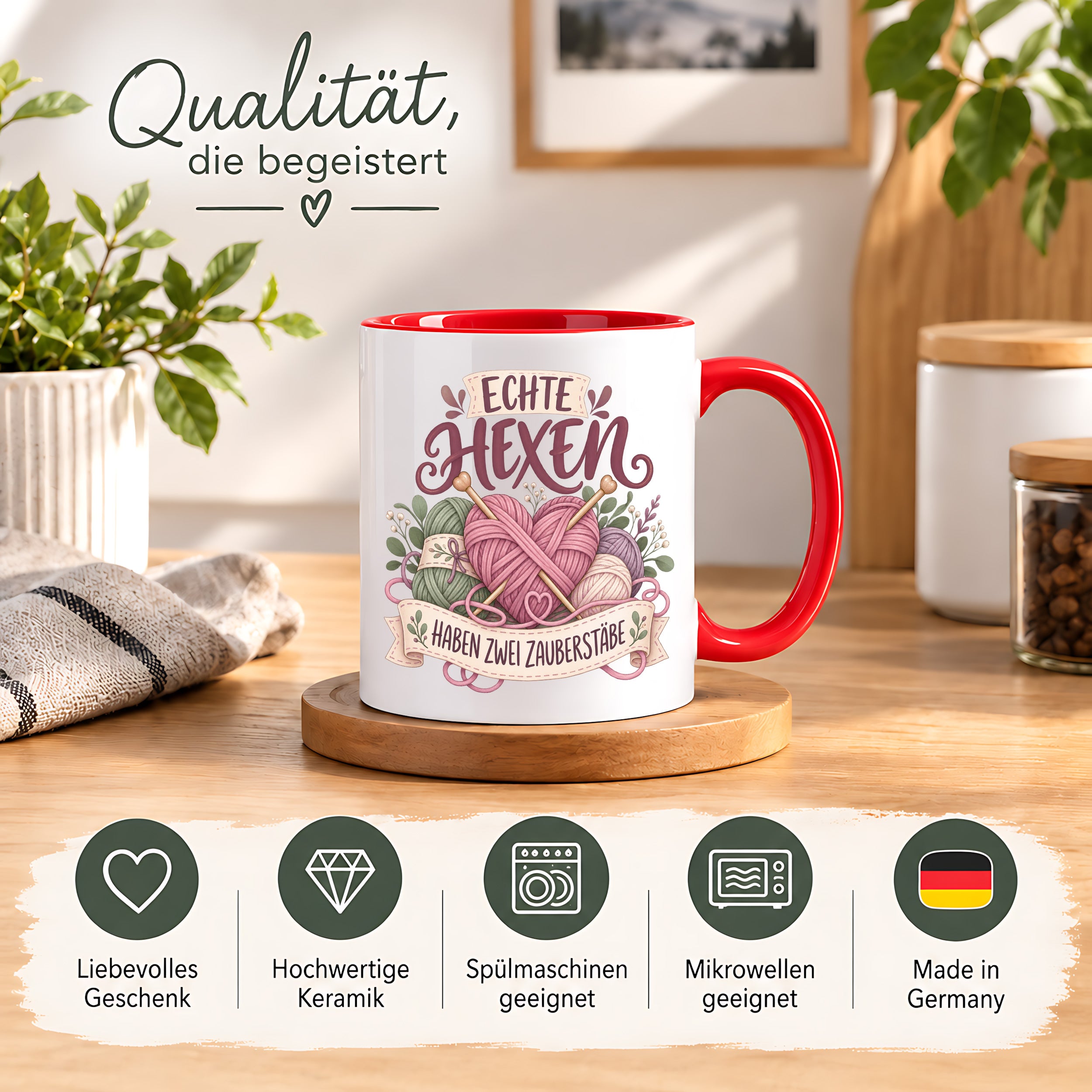 Stricken Tasse Echte Hexen haben zwei Zauberstäbe 330 ml Geschenk für Strickerin Wolle Handarbeit Geburtstag Weihnachten