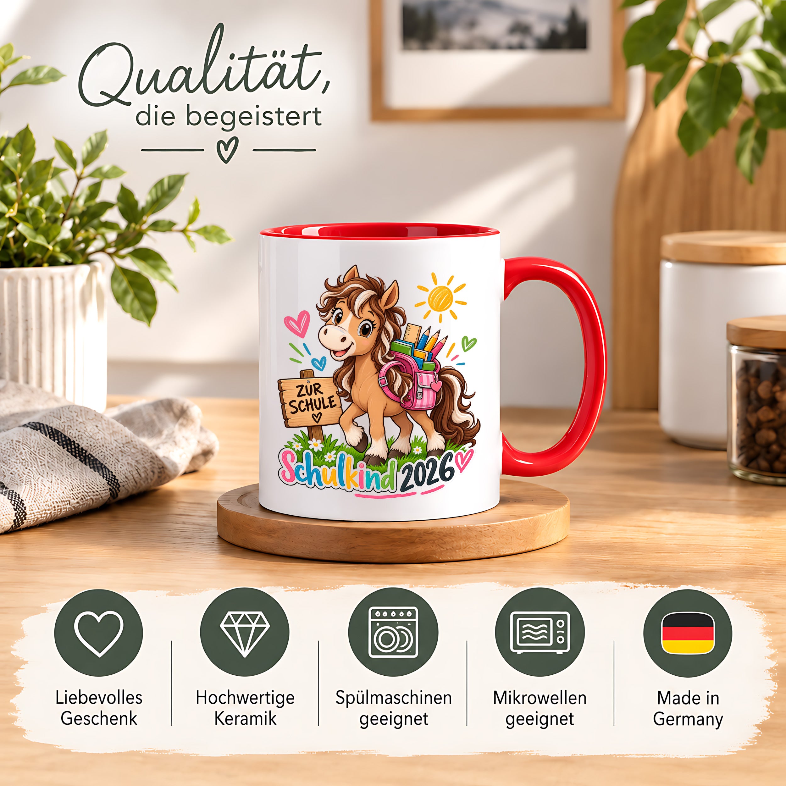 Schulkind 2026 Tasse Pferd Einschulung Geschenk 330 ml Keramiktasse für Mädchen Jungen Schulanfang 1. Schultag