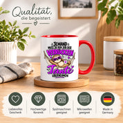 Herzbotschaft Verrückte Tante Tasse – Jemand muss ja den Job der verrückten Tante übernehmen – Lustige Kaffeetasse 330 ml mit Faultier Motiv – Geschenk für Tante, Lieblingstante, Schwester und Schwägerin – Originelle Spruchtasse mit Humor