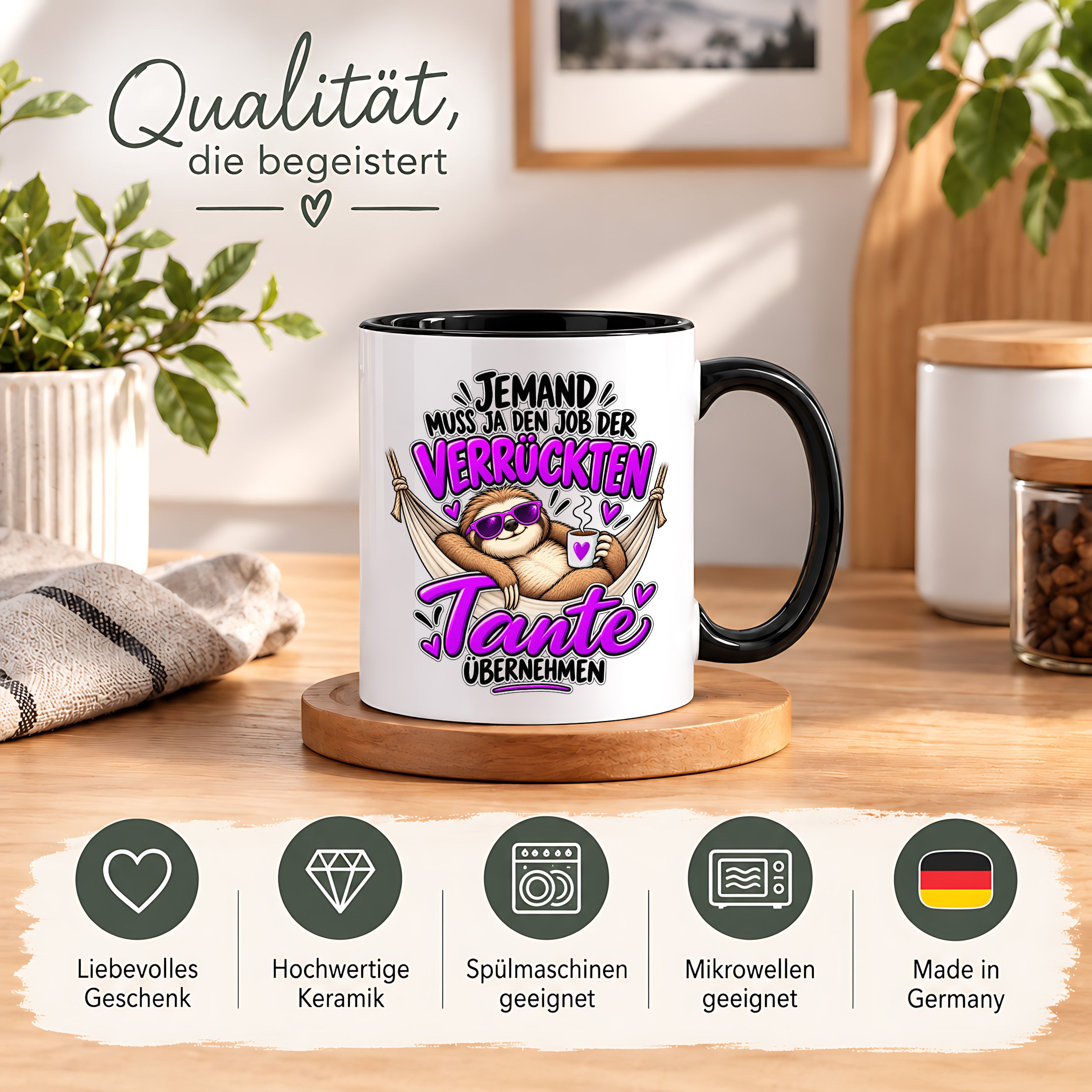 Herzbotschaft Verrückte Tante Tasse – Jemand muss ja den Job der verrückten Tante übernehmen – Lustige Kaffeetasse 330 ml mit Faultier Motiv – Geschenk für Tante, Lieblingstante, Schwester und Schwägerin – Originelle Spruchtasse mit Humor