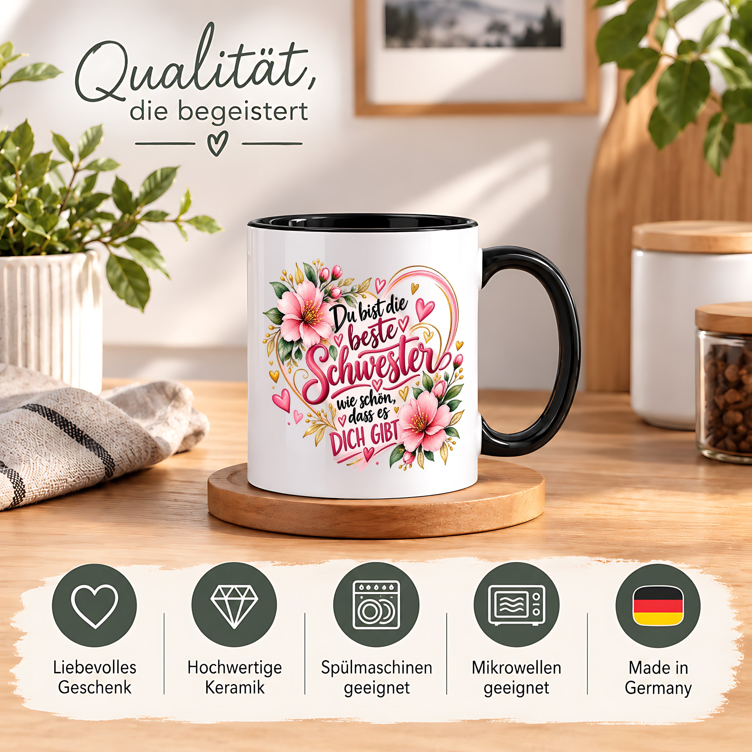 Herzbotschaft Schwester Tasse – Du bist die beste Schwester, wie schön dass es dich gibt – Kaffeetasse 330 ml mit rosa Blumen und Herzen – Geschenk für Schwester zum Geburtstag, Weihnachten, als Dankeschön oder kleine Aufmerksamkeit