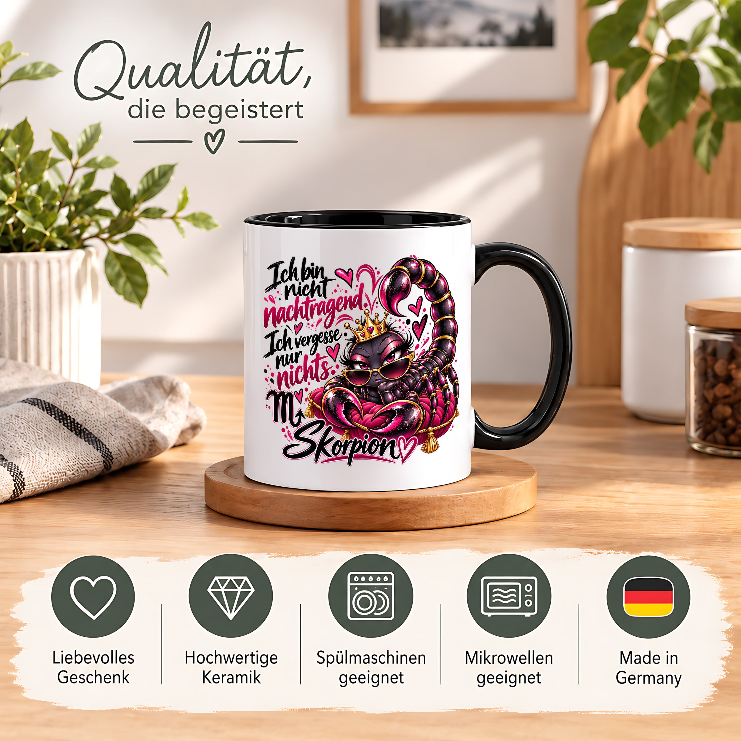 Herzbotschaft Skorpion Tasse – Ich bin nicht nachtragend, ich vergesse nur nichts – Lustige Sternzeichen Tasse mit Skorpion Motiv – Geschenk für Frauen, Freundin und Skorpion Geborene – 330 ml