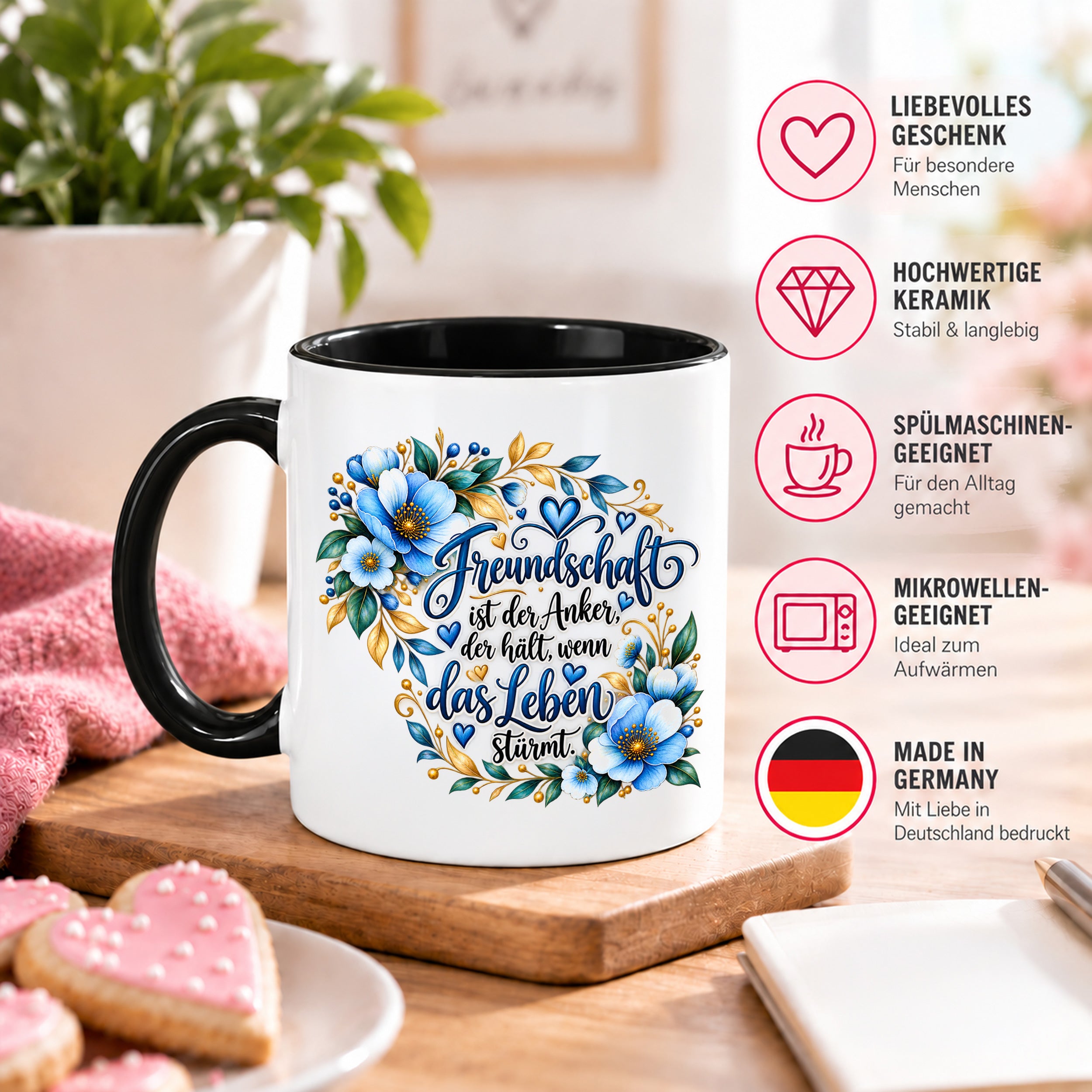 Herzbotschaft Freundschaft Tasse – Freundschaft ist der Anker, der hält, wenn das Leben stürmt – Kaffeetasse mit blauen Blumen und Herzen – Geschenk für beste Freundin, Freund, BFF und Lieblingsmensch – 330 ml