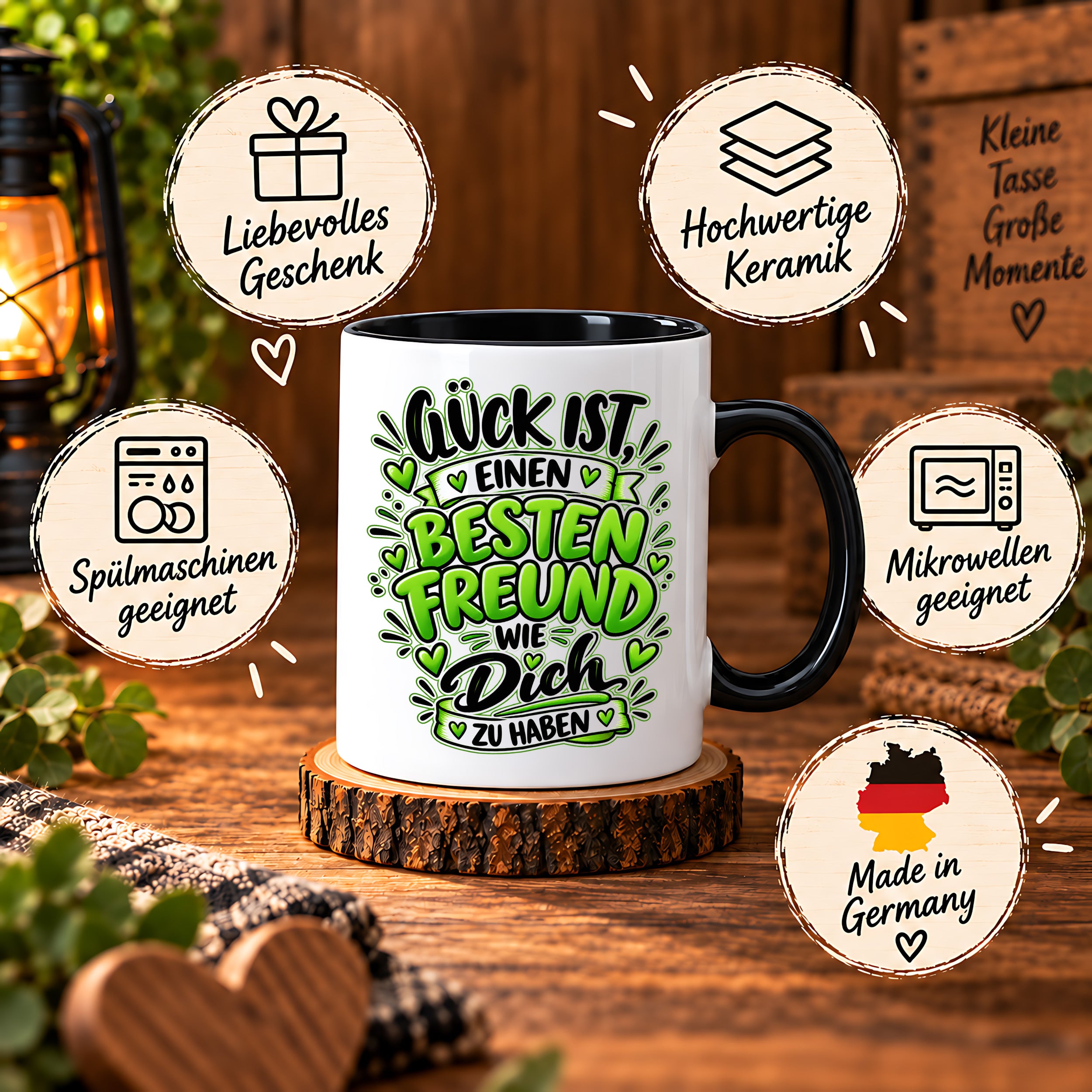 Herzbotschaft Bester Freund Tasse – Glück ist einen besten Freund wie dich zu haben – Kaffeetasse 330 ml mit Freundschaftsspruch und grünem Herz Motiv – Geschenk für besten Freund, Kumpel und Lieblingsmenschen – Freundschaft Geschenkidee
