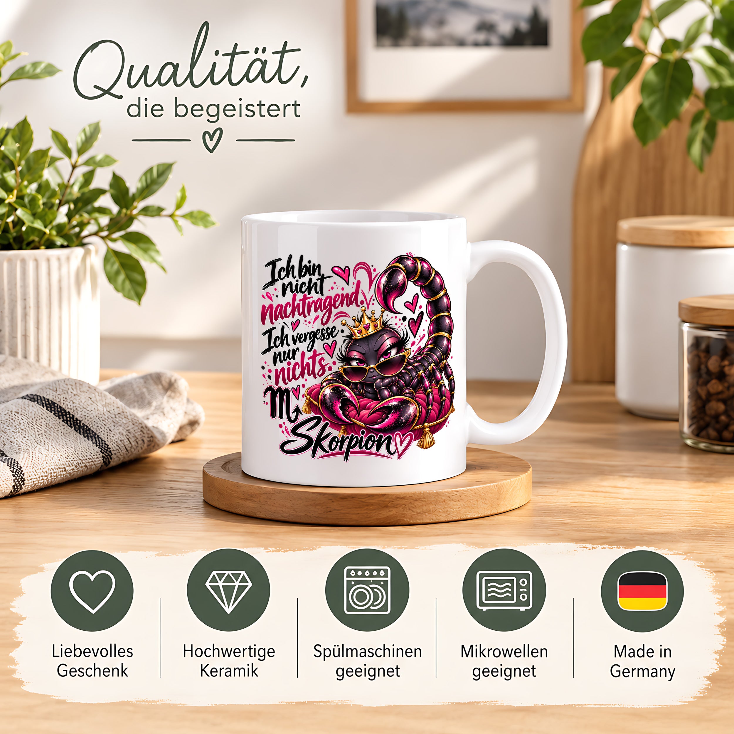 Herzbotschaft Skorpion Tasse – Ich bin nicht nachtragend, ich vergesse nur nichts – Lustige Sternzeichen Tasse mit Skorpion Motiv – Geschenk für Frauen, Freundin und Skorpion Geborene – 330 ml