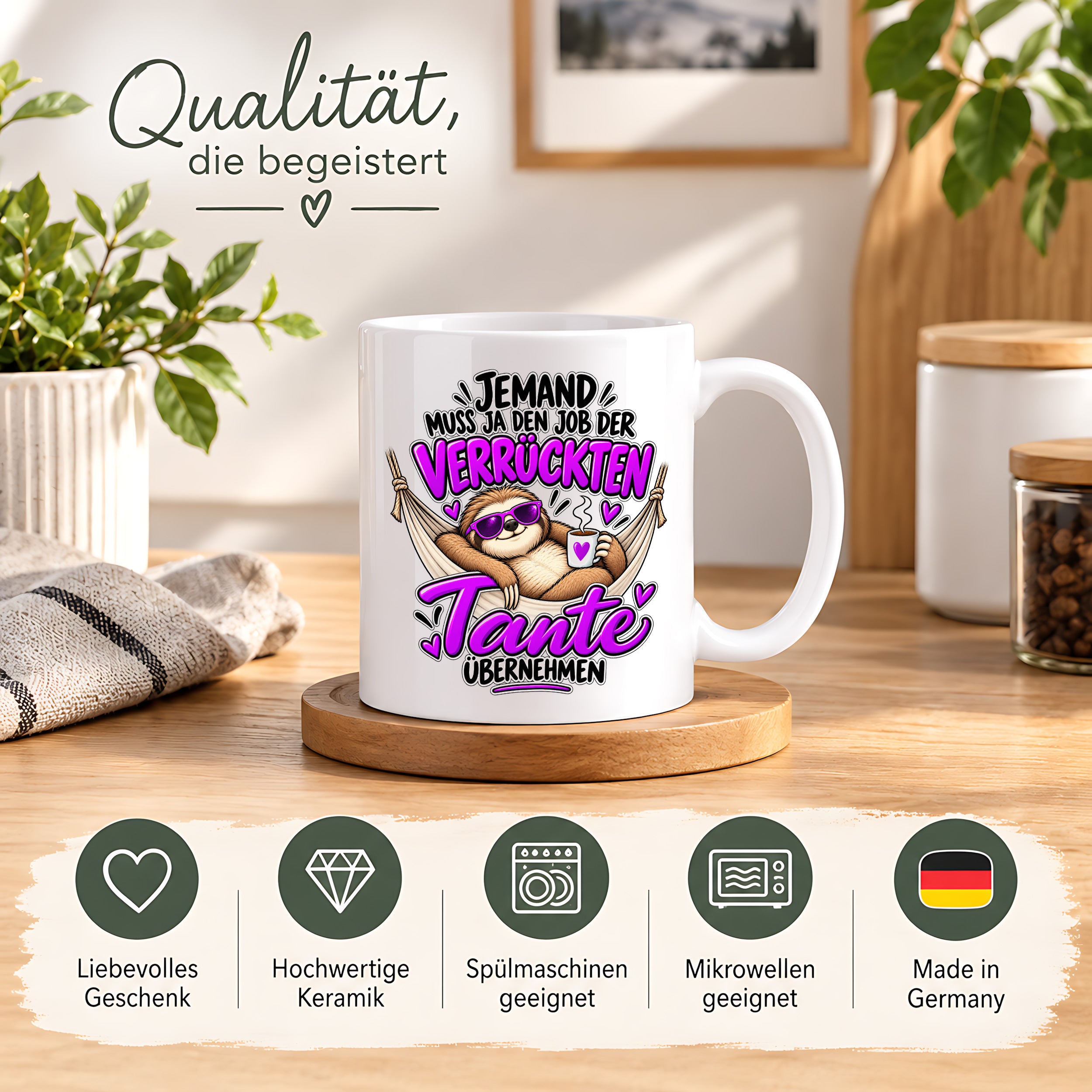 Herzbotschaft Verrückte Tante Tasse – Jemand muss ja den Job der verrückten Tante übernehmen – Lustige Kaffeetasse 330 ml mit Faultier Motiv – Geschenk für Tante, Lieblingstante, Schwester und Schwägerin – Originelle Spruchtasse mit Humor