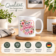 Herzbotschaft Schwester Tasse – Du bist die beste Schwester, wie schön dass es dich gibt – Kaffeetasse 330 ml mit rosa Blumen und Herzen – Geschenk für Schwester zum Geburtstag, Weihnachten, als Dankeschön oder kleine Aufmerksamkeit