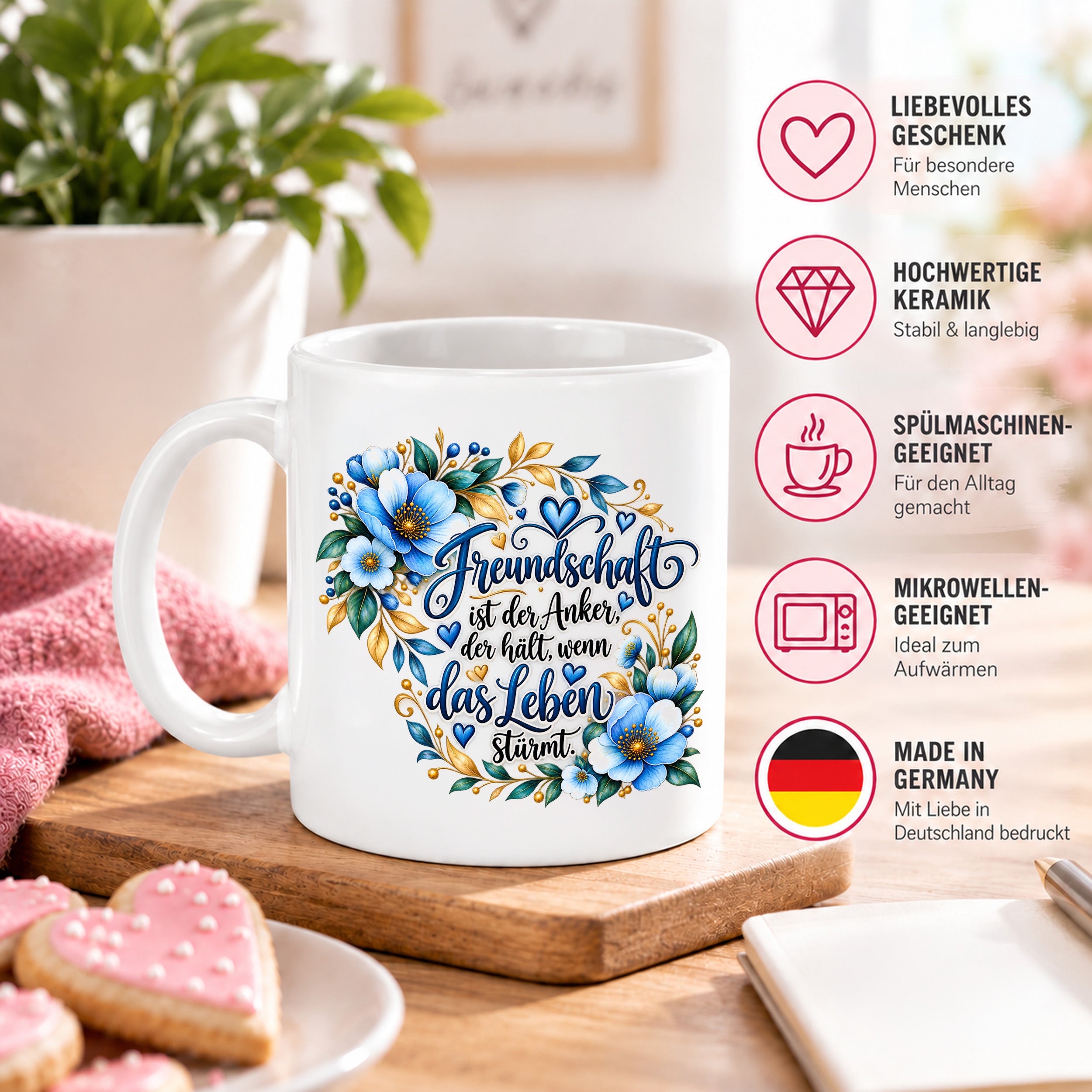 Herzbotschaft Freundschaft Tasse – Freundschaft ist der Anker, der hält, wenn das Leben stürmt – Kaffeetasse mit blauen Blumen und Herzen – Geschenk für beste Freundin, Freund, BFF und Lieblingsmensch – 330 ml