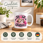 Herzbotschaft Katzen Tasse – Ich mag halt Katzen – Süße Kaffeetasse mit zwei Katzenbabys, Herzen und Pfoten – Geschenk für Katzenliebhaber, Katzenmama, Frauen und Freundin – 330 ml