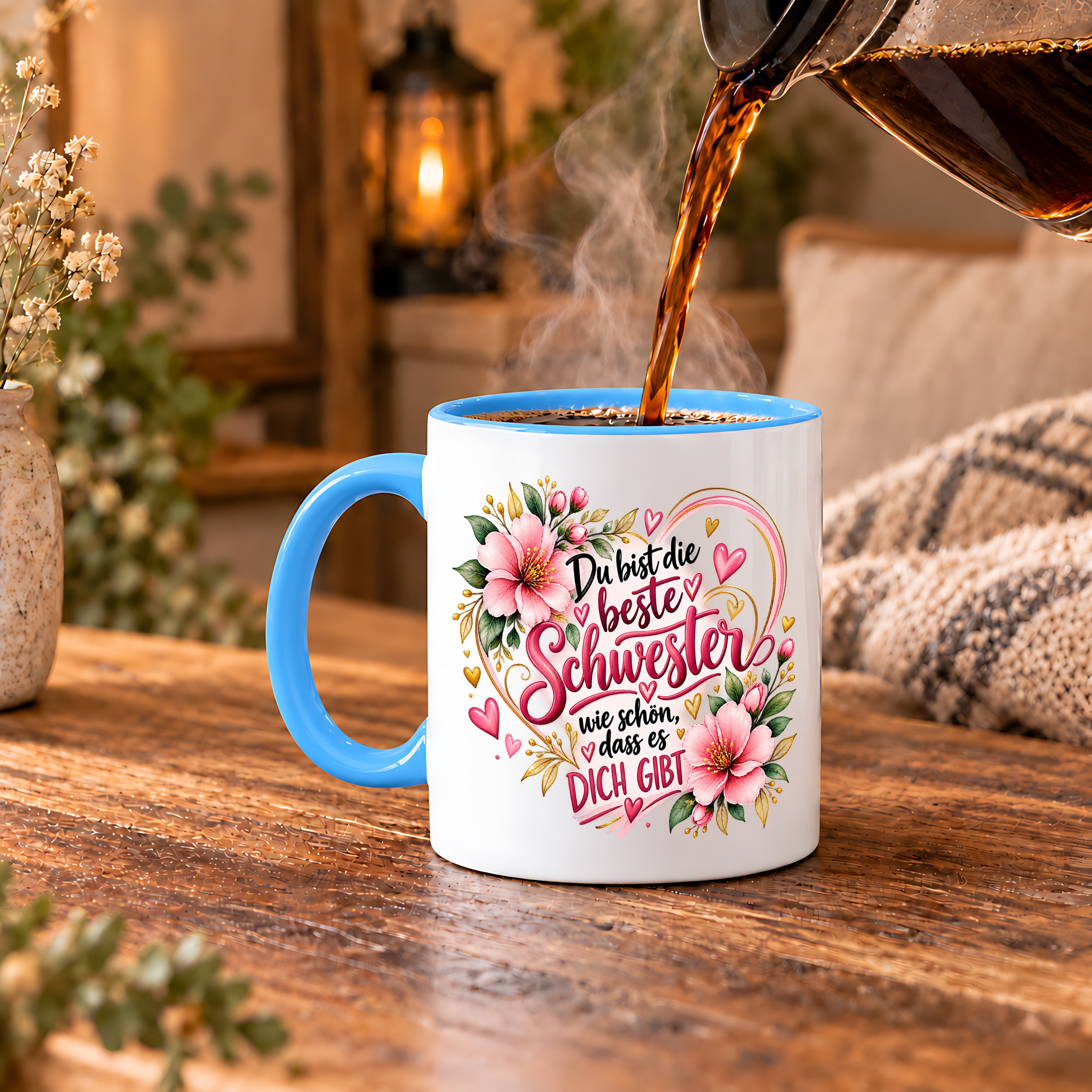 Herzbotschaft Schwester Tasse – Du bist die beste Schwester, wie schön dass es dich gibt – Kaffeetasse 330 ml mit rosa Blumen und Herzen – Geschenk für Schwester zum Geburtstag, Weihnachten, als Dankeschön oder kleine Aufmerksamkeit