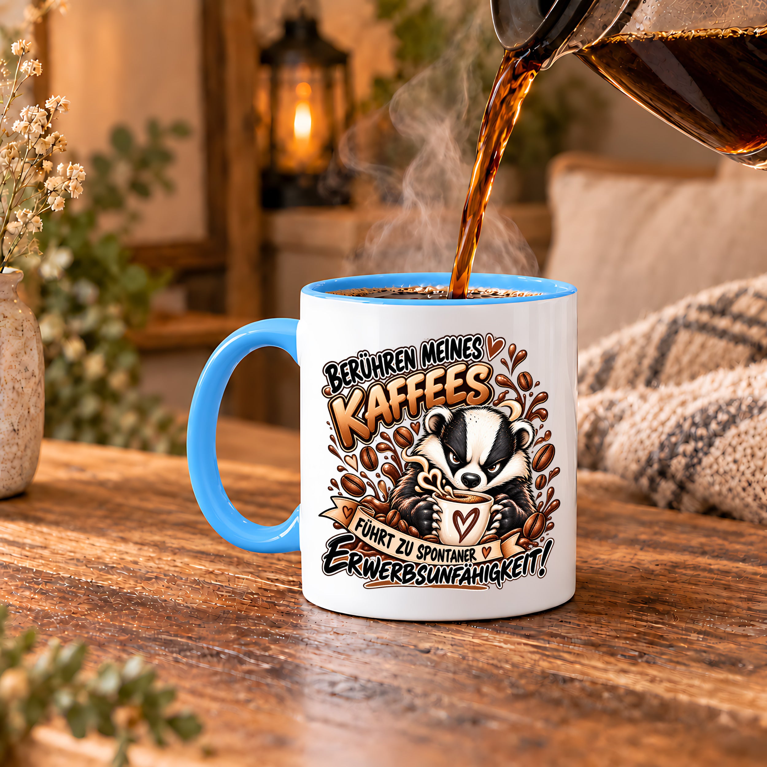 Herzbotschaft Dachs Tasse – Berühren meines Kaffees führt zu spontaner Erwerbsunfähigkeit – Lustige Kaffeetasse mit frechem Dachs Motiv – Geschenk für Kaffeeliebhaber, Kollegen und Büro – 330 ml