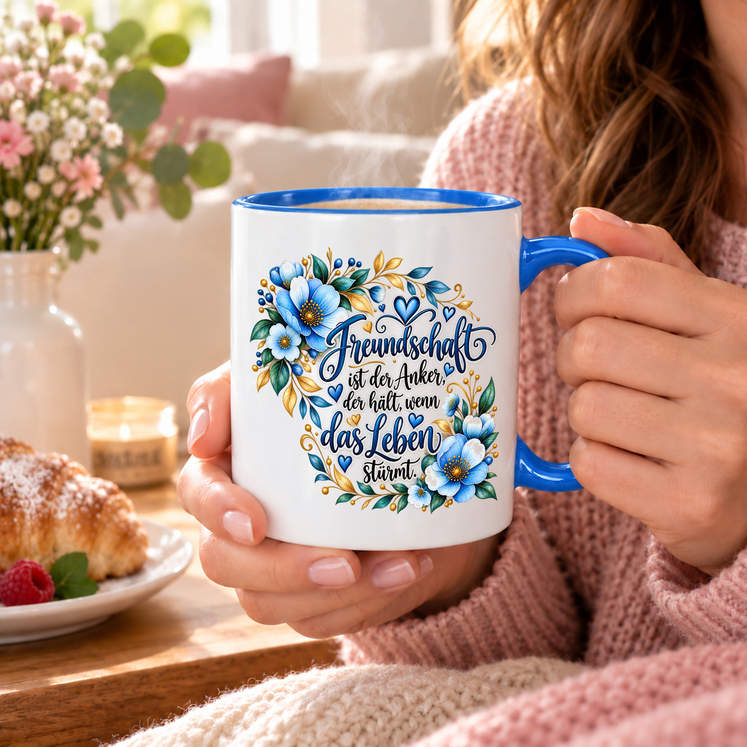 Herzbotschaft Freundschaft Tasse – Freundschaft ist der Anker, der hält, wenn das Leben stürmt – Kaffeetasse mit blauen Blumen und Herzen – Geschenk für beste Freundin, Freund, BFF und Lieblingsmensch – 330 ml