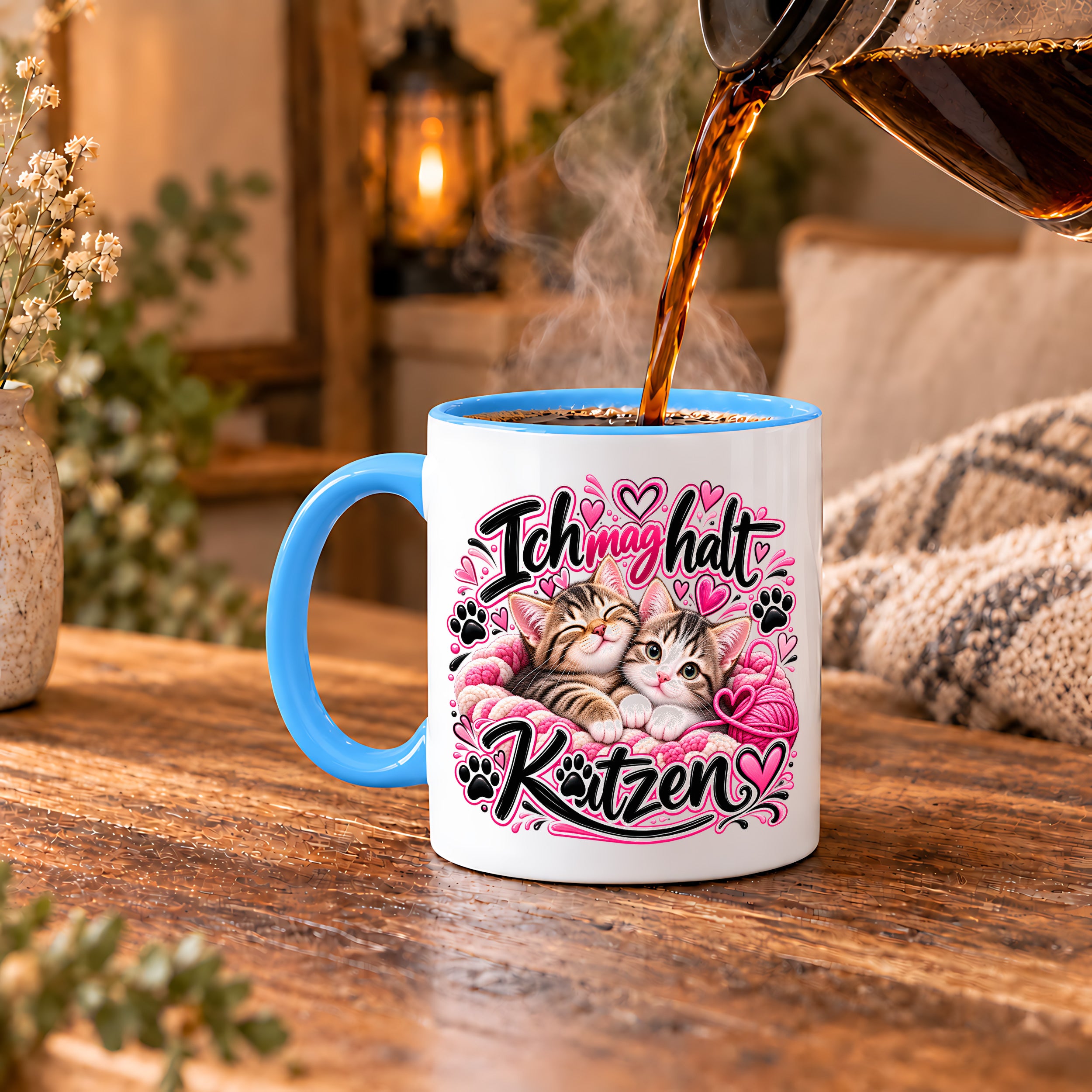 Herzbotschaft Katzen Tasse – Ich mag halt Katzen – Süße Kaffeetasse mit zwei Katzenbabys, Herzen und Pfoten – Geschenk für Katzenliebhaber, Katzenmama, Frauen und Freundin – 330 ml