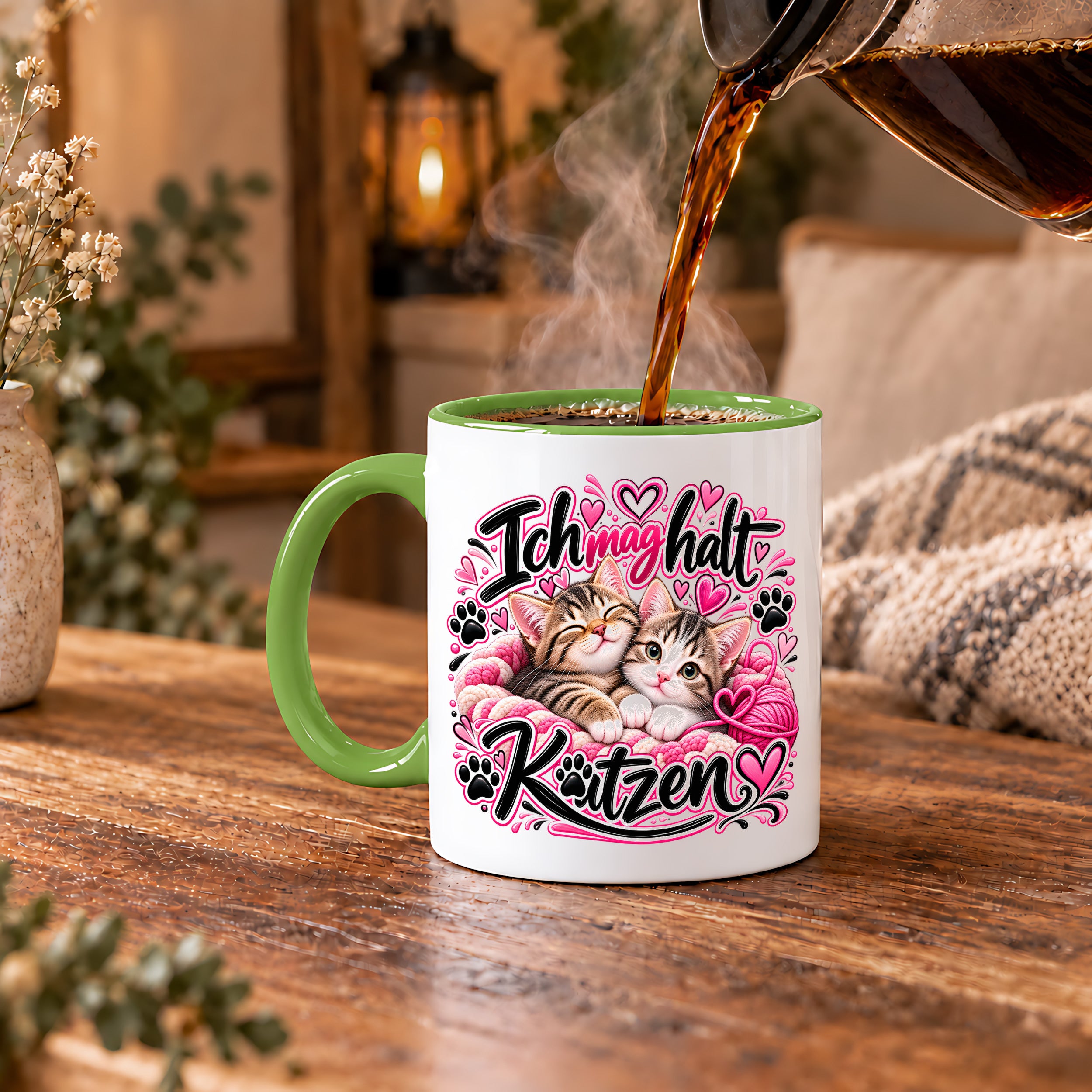 Herzbotschaft Katzen Tasse – Ich mag halt Katzen – Süße Kaffeetasse mit zwei Katzenbabys, Herzen und Pfoten – Geschenk für Katzenliebhaber, Katzenmama, Frauen und Freundin – 330 ml
