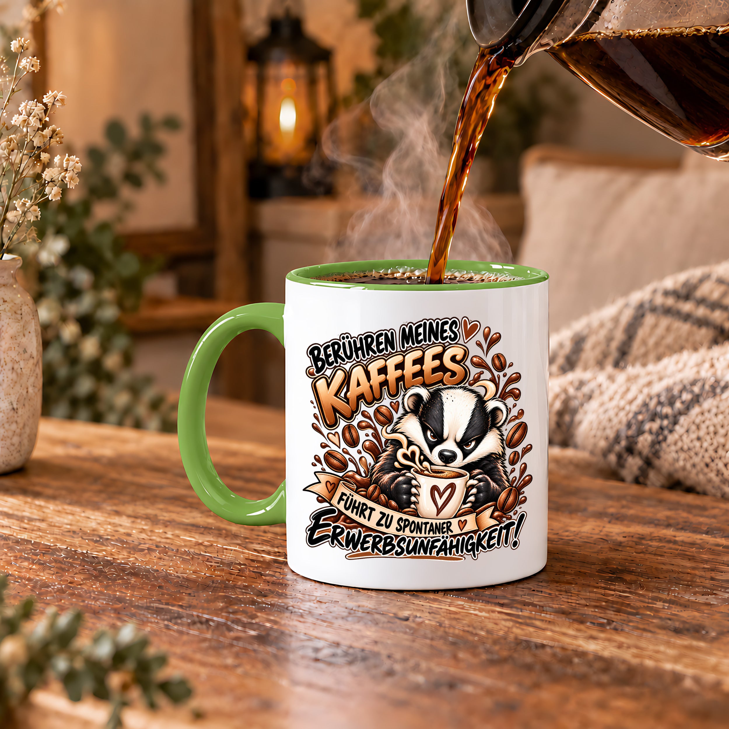 Herzbotschaft Dachs Tasse – Berühren meines Kaffees führt zu spontaner Erwerbsunfähigkeit – Lustige Kaffeetasse mit frechem Dachs Motiv – Geschenk für Kaffeeliebhaber, Kollegen und Büro – 330 ml