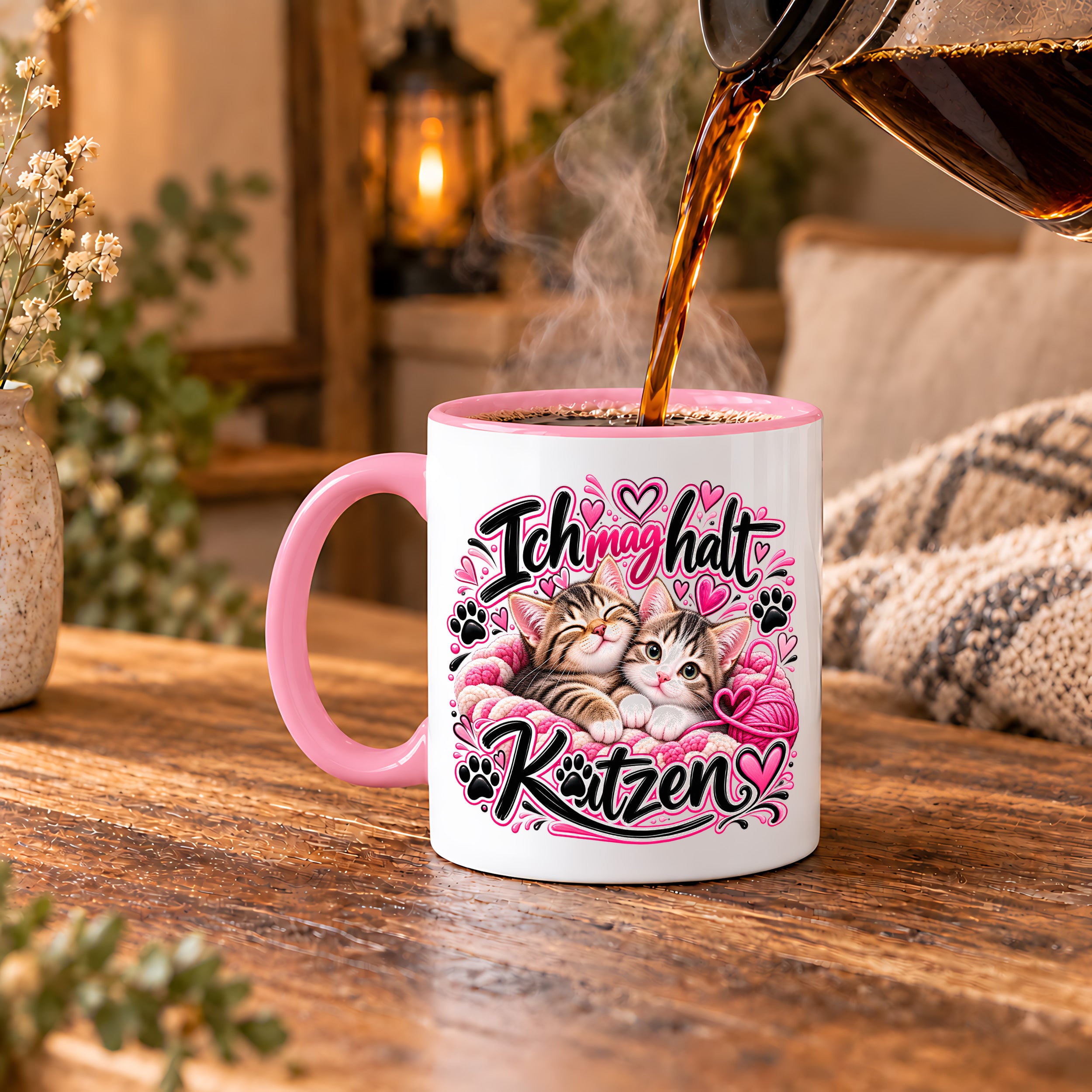 Herzbotschaft Katzen Tasse – Ich mag halt Katzen – Süße Kaffeetasse mit zwei Katzenbabys, Herzen und Pfoten – Geschenk für Katzenliebhaber, Katzenmama, Frauen und Freundin – 330 ml