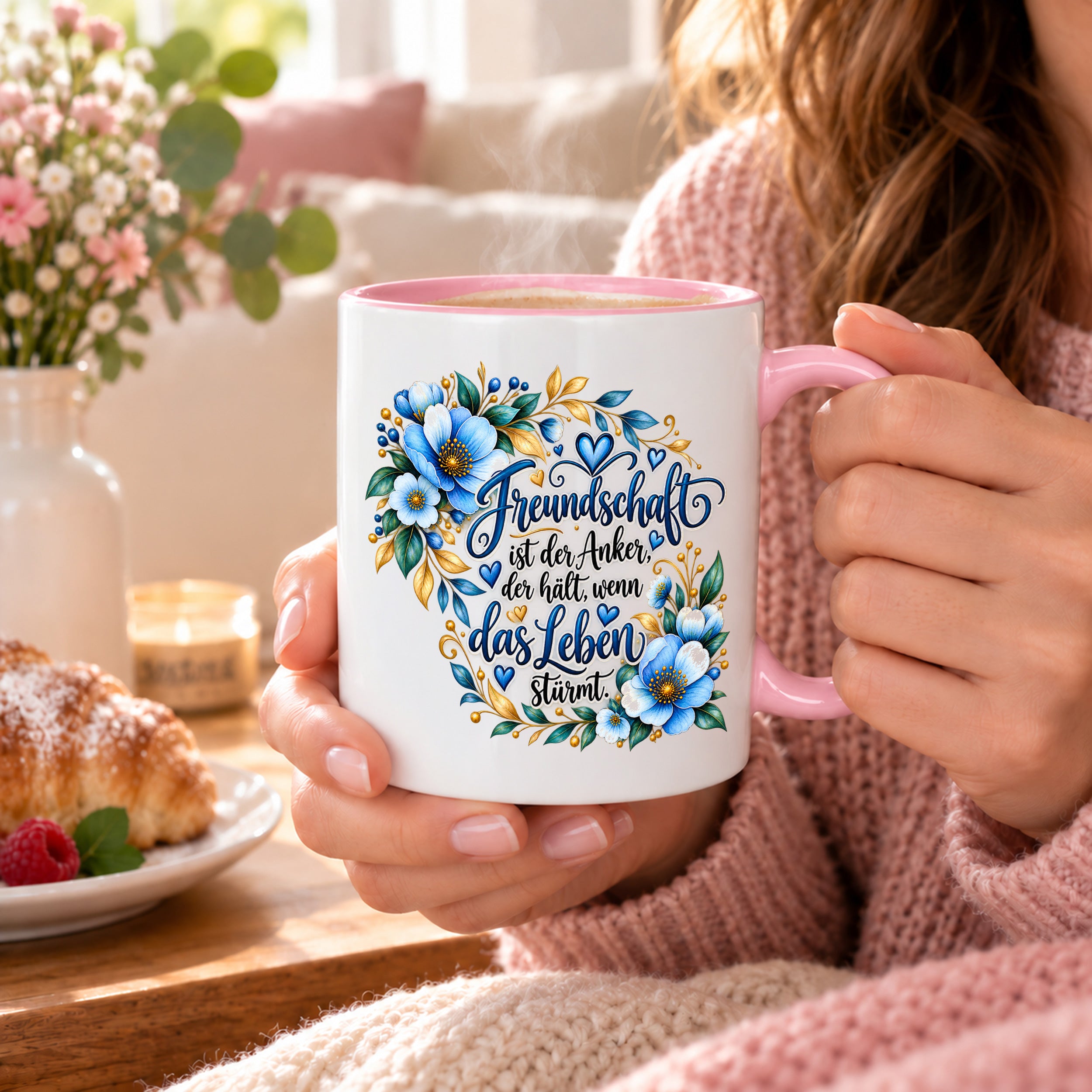 Herzbotschaft Freundschaft Tasse – Freundschaft ist der Anker, der hält, wenn das Leben stürmt – Kaffeetasse mit blauen Blumen und Herzen – Geschenk für beste Freundin, Freund, BFF und Lieblingsmensch – 330 ml