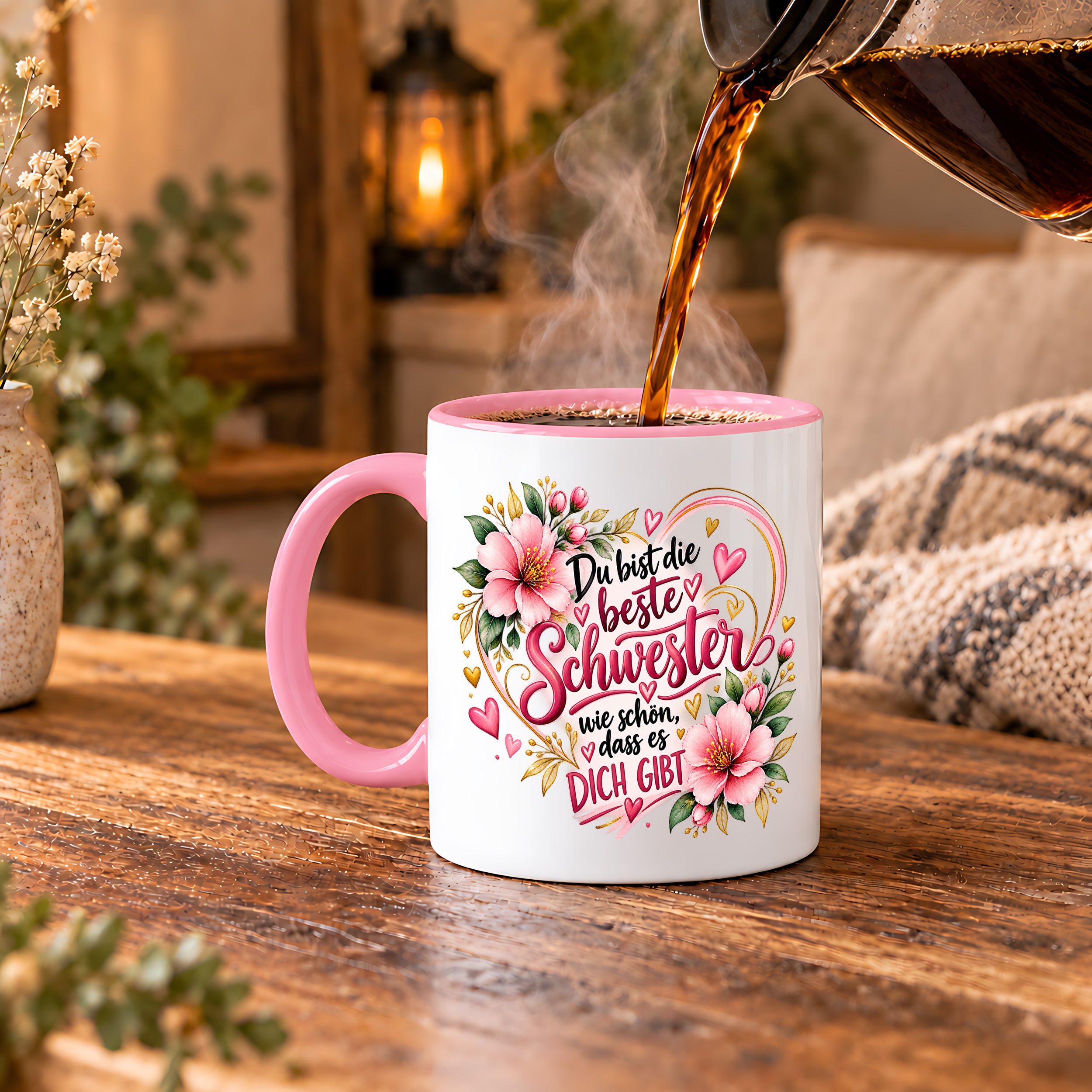 Herzbotschaft Schwester Tasse – Du bist die beste Schwester, wie schön dass es dich gibt – Kaffeetasse 330 ml mit rosa Blumen und Herzen – Geschenk für Schwester zum Geburtstag, Weihnachten, als Dankeschön oder kleine Aufmerksamkeit