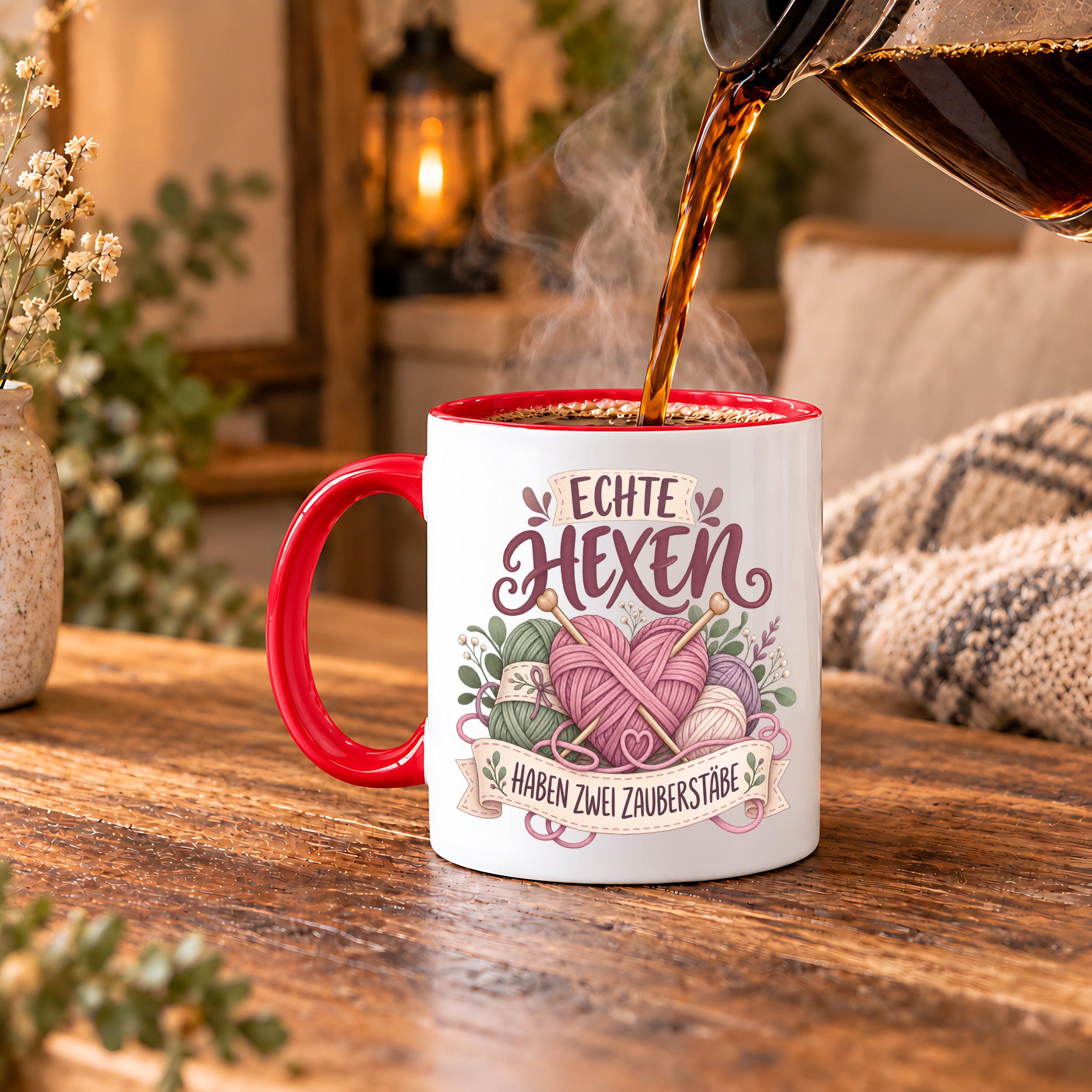 Stricken Tasse Echte Hexen haben zwei Zauberstäbe 330 ml Geschenk für Strickerin Wolle Handarbeit Geburtstag Weihnachten