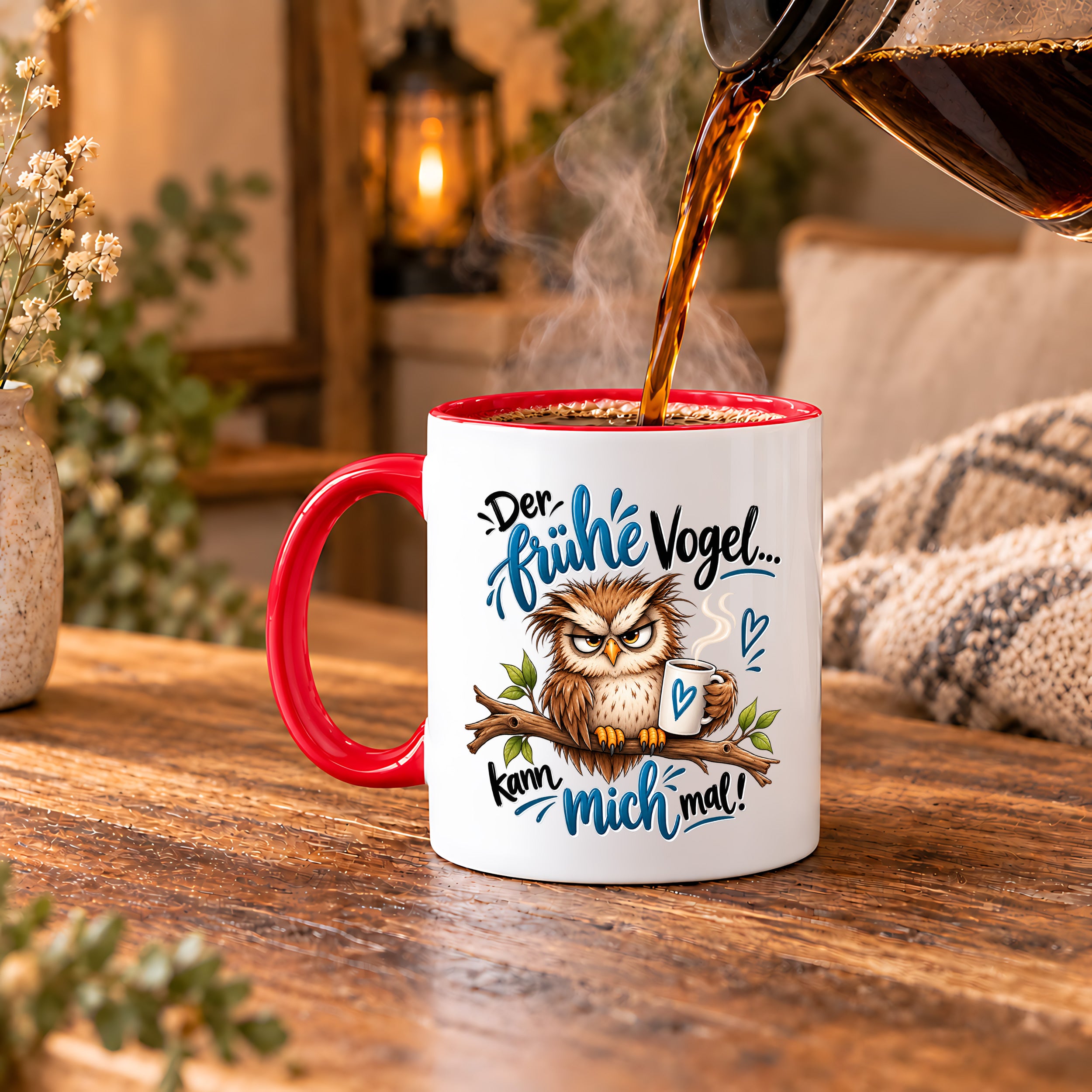 Herzbotschaft Eulen Tasse – Der frühe Vogel kann mich mal – Lustige Kaffeetasse mit mürrischer Eule und Kaffee – Geschenk für Morgenmuffel, Langschläfer, Kaffeeliebhaber, Kollegen und Freunde – 330 ml
