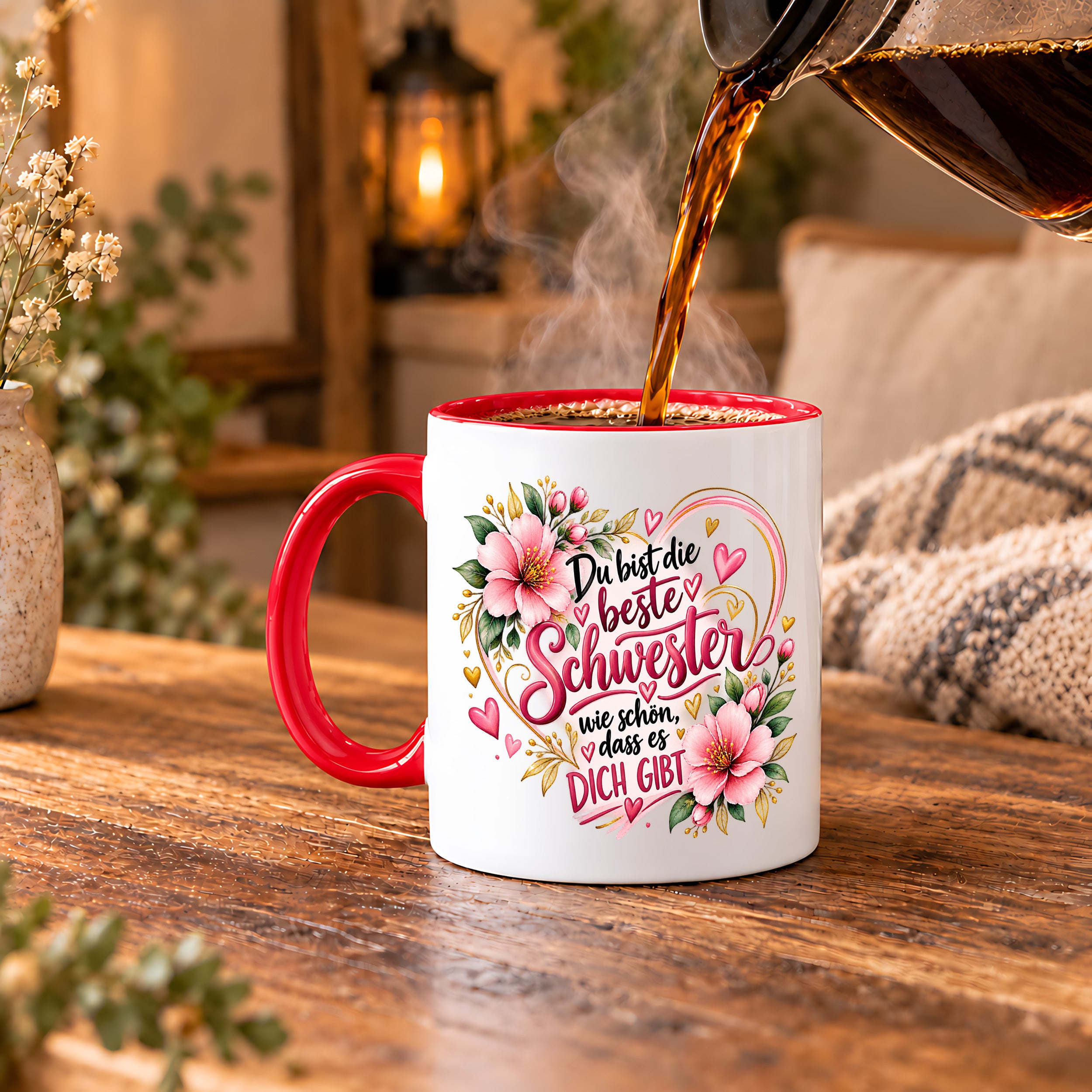 Herzbotschaft Schwester Tasse – Du bist die beste Schwester, wie schön dass es dich gibt – Kaffeetasse 330 ml mit rosa Blumen und Herzen – Geschenk für Schwester zum Geburtstag, Weihnachten, als Dankeschön oder kleine Aufmerksamkeit