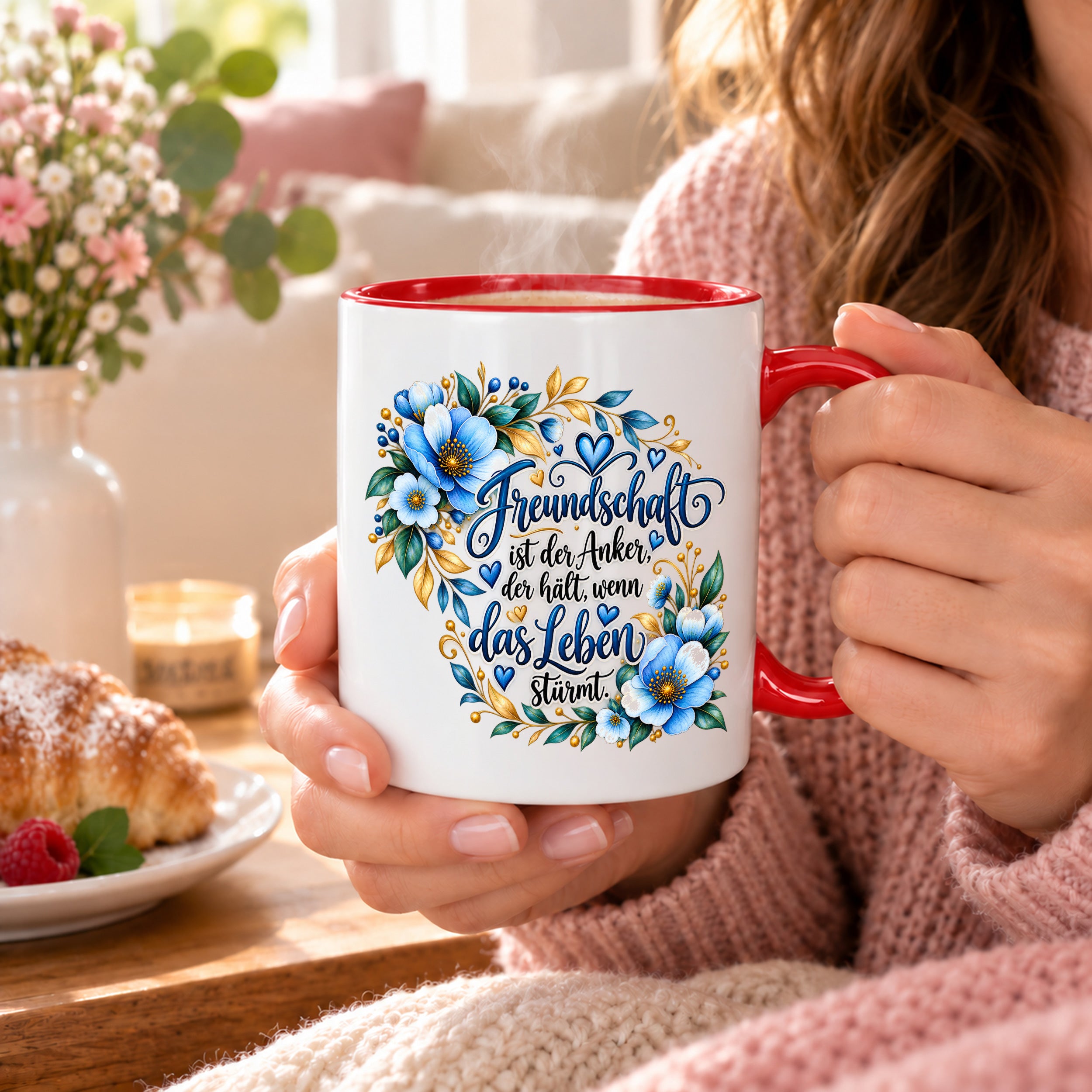 Herzbotschaft Freundschaft Tasse – Freundschaft ist der Anker, der hält, wenn das Leben stürmt – Kaffeetasse mit blauen Blumen und Herzen – Geschenk für beste Freundin, Freund, BFF und Lieblingsmensch – 330 ml
