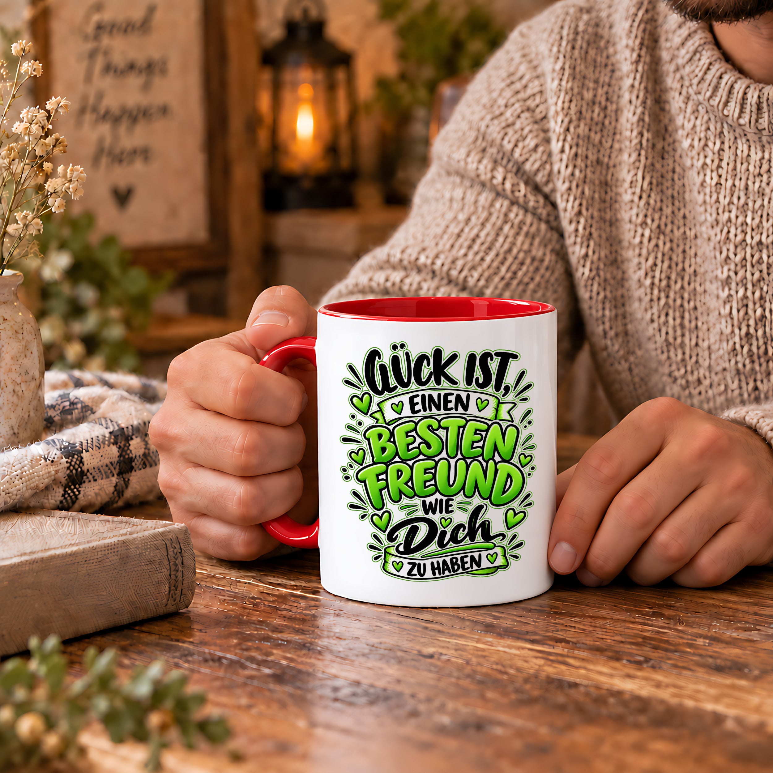 Herzbotschaft Bester Freund Tasse – Glück ist einen besten Freund wie dich zu haben – Kaffeetasse 330 ml mit Freundschaftsspruch und grünem Herz Motiv – Geschenk für besten Freund, Kumpel und Lieblingsmenschen – Freundschaft Geschenkidee