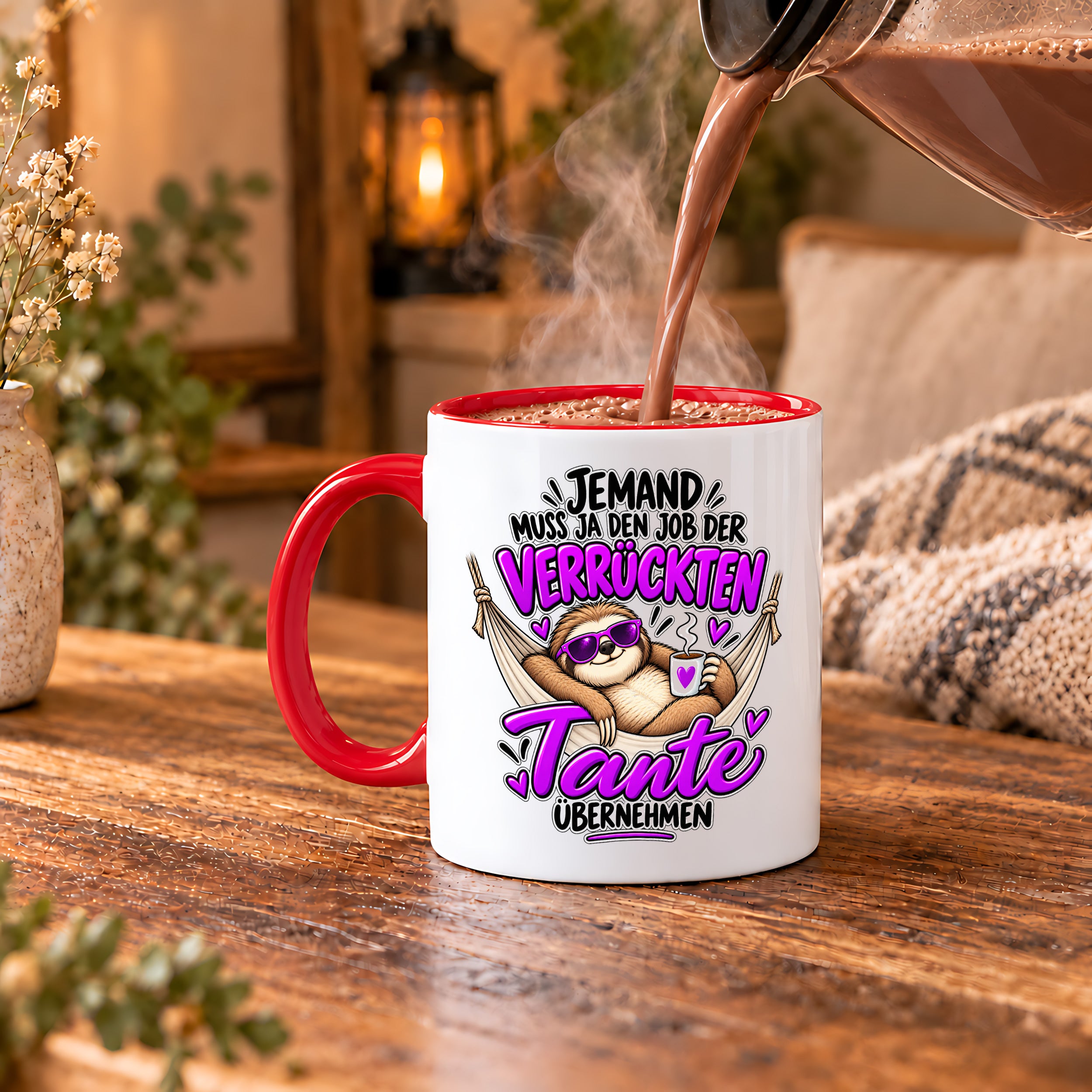Herzbotschaft Verrückte Tante Tasse – Jemand muss ja den Job der verrückten Tante übernehmen – Lustige Kaffeetasse 330 ml mit Faultier Motiv – Geschenk für Tante, Lieblingstante, Schwester und Schwägerin – Originelle Spruchtasse mit Humor