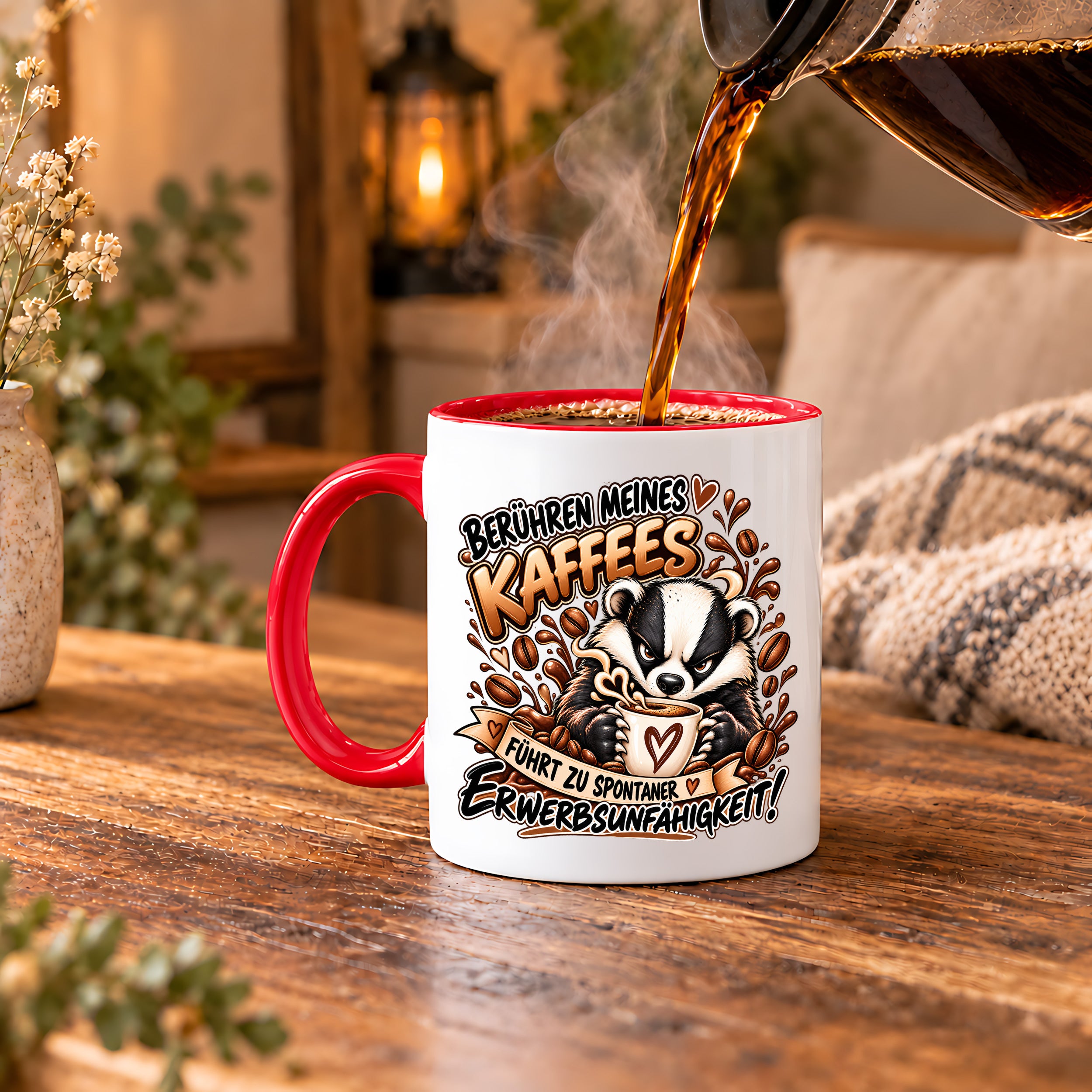 Herzbotschaft Dachs Tasse – Berühren meines Kaffees führt zu spontaner Erwerbsunfähigkeit – Lustige Kaffeetasse mit frechem Dachs Motiv – Geschenk für Kaffeeliebhaber, Kollegen und Büro – 330 ml
