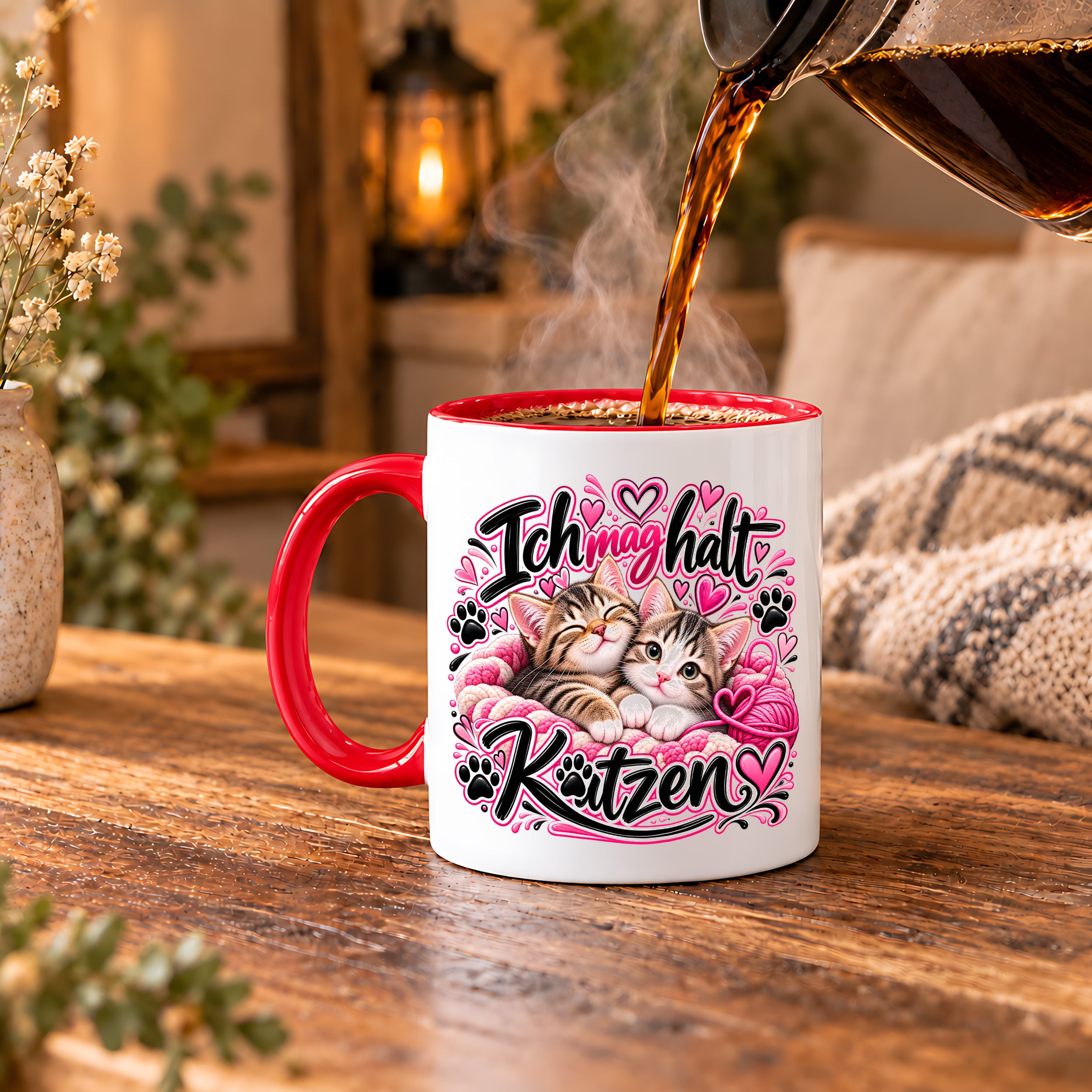 Herzbotschaft Katzen Tasse – Ich mag halt Katzen – Süße Kaffeetasse mit zwei Katzenbabys, Herzen und Pfoten – Geschenk für Katzenliebhaber, Katzenmama, Frauen und Freundin – 330 ml