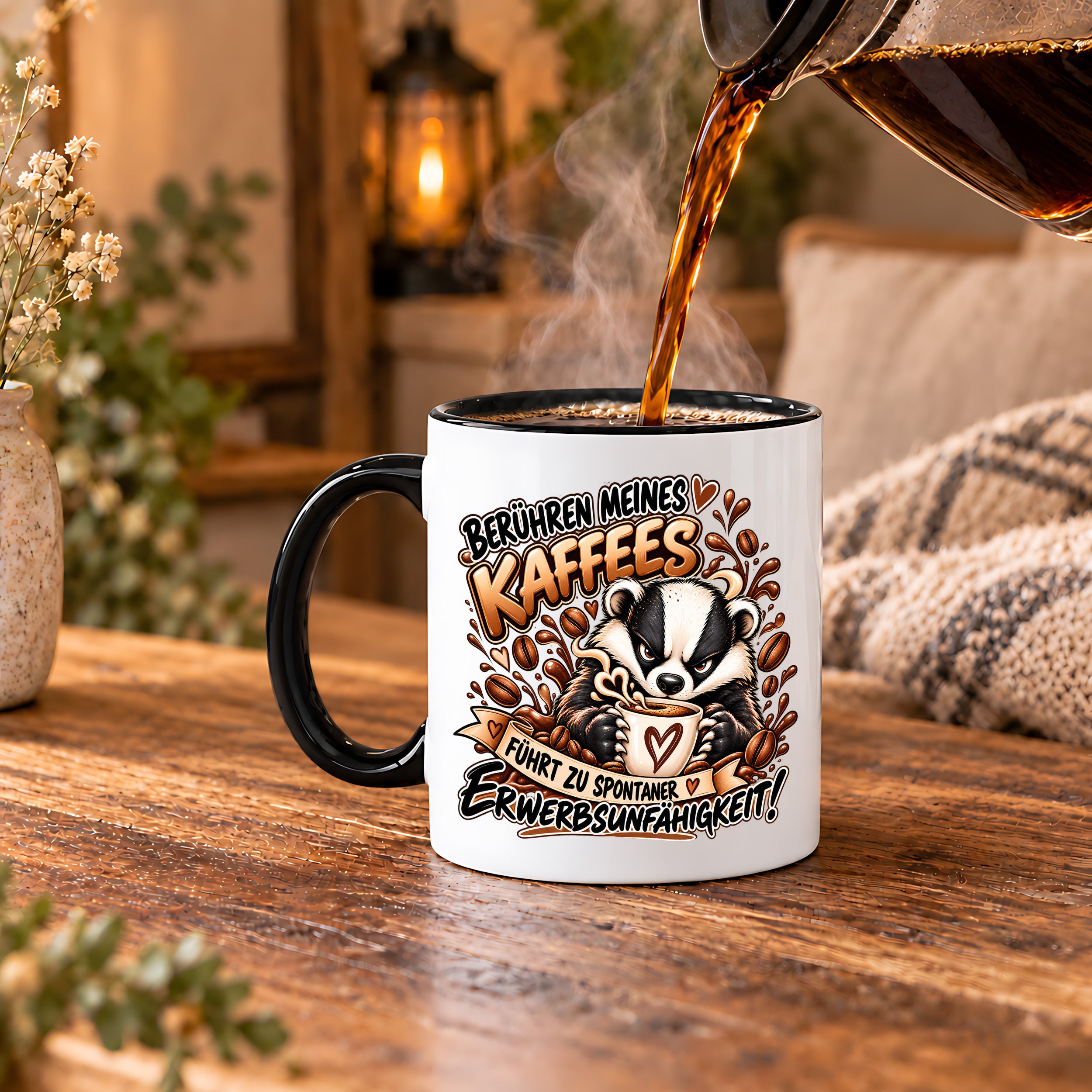 Herzbotschaft Dachs Tasse – Berühren meines Kaffees führt zu spontaner Erwerbsunfähigkeit – Lustige Kaffeetasse mit frechem Dachs Motiv – Geschenk für Kaffeeliebhaber, Kollegen und Büro – 330 ml